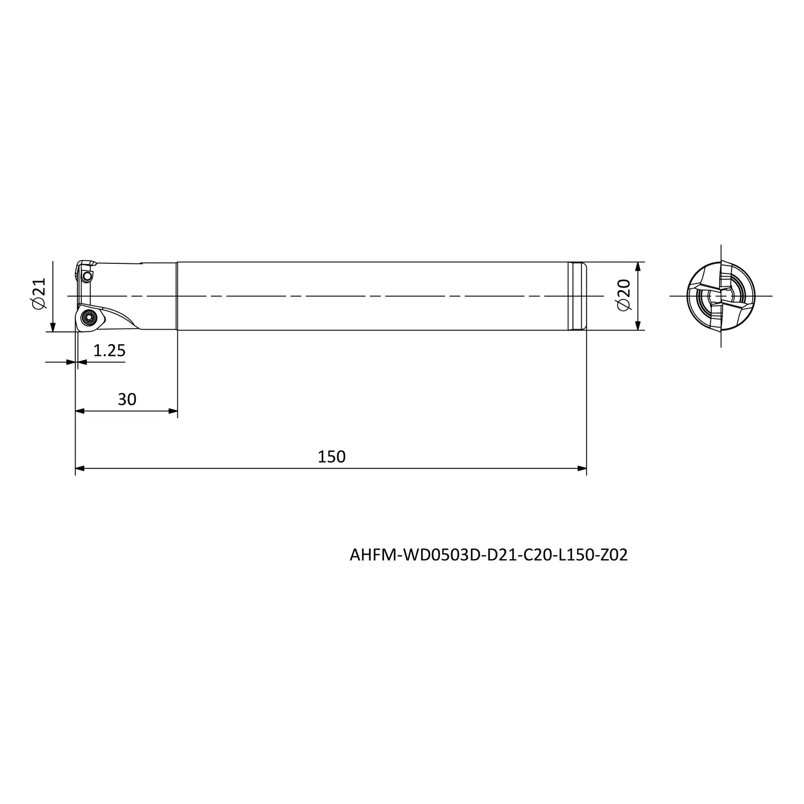 AHFM-WD0503D-D21-C20-L150-Z02 &mdash; dimensioned drawing