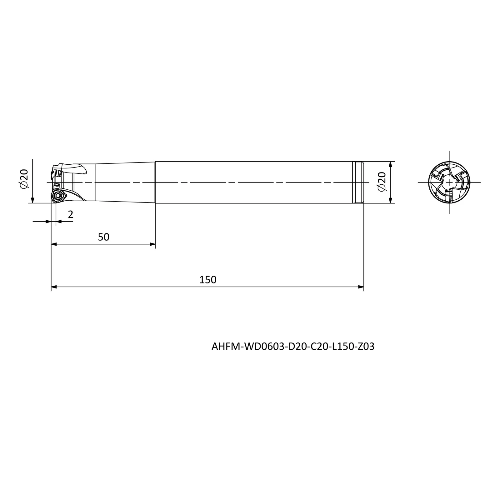 AHFM-WD0603-D20-C20-L150-Z03 &mdash; dimensioned drawing