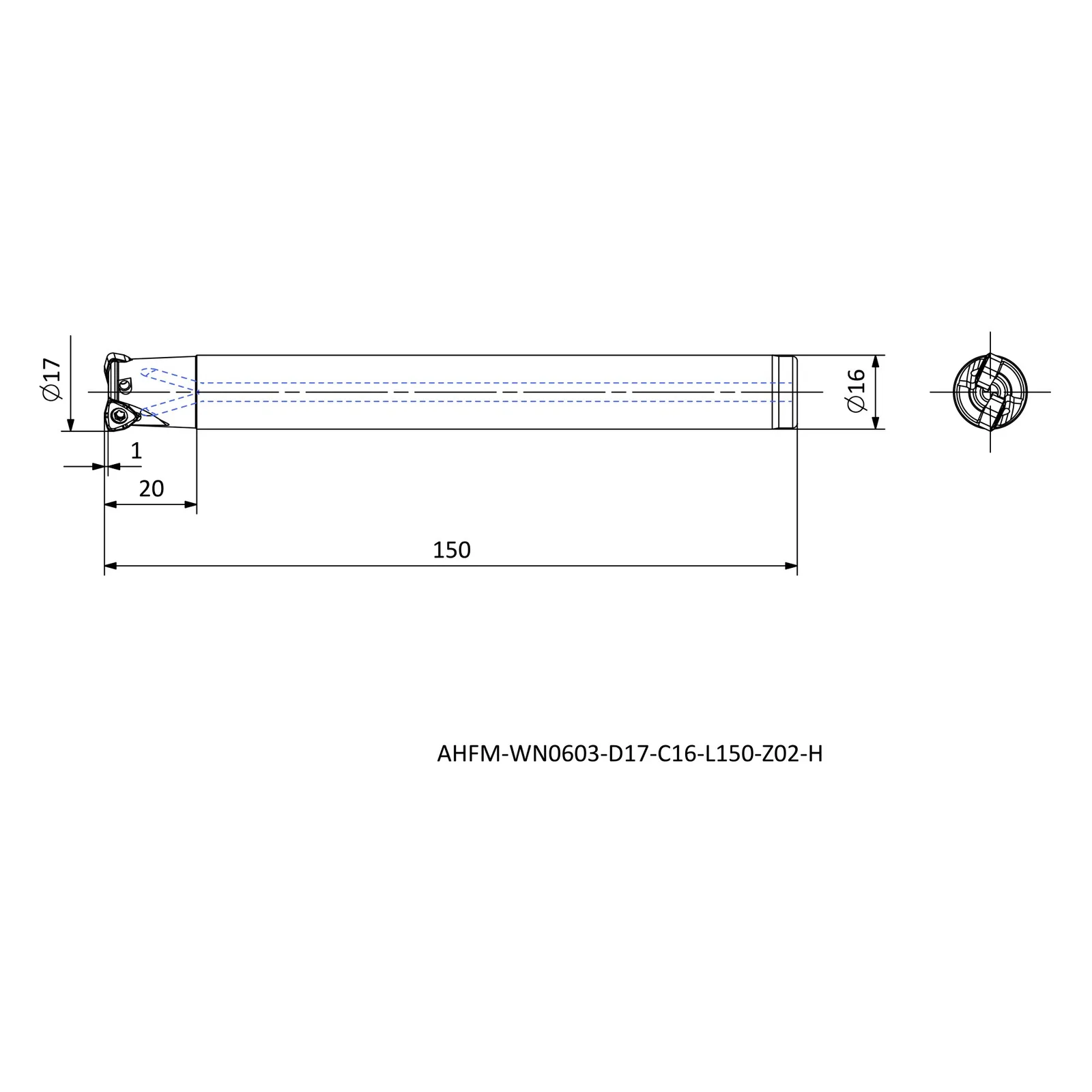 AHFM-WN0603-D17-C16-L150-Z02-H &mdash; dimensioned drawing