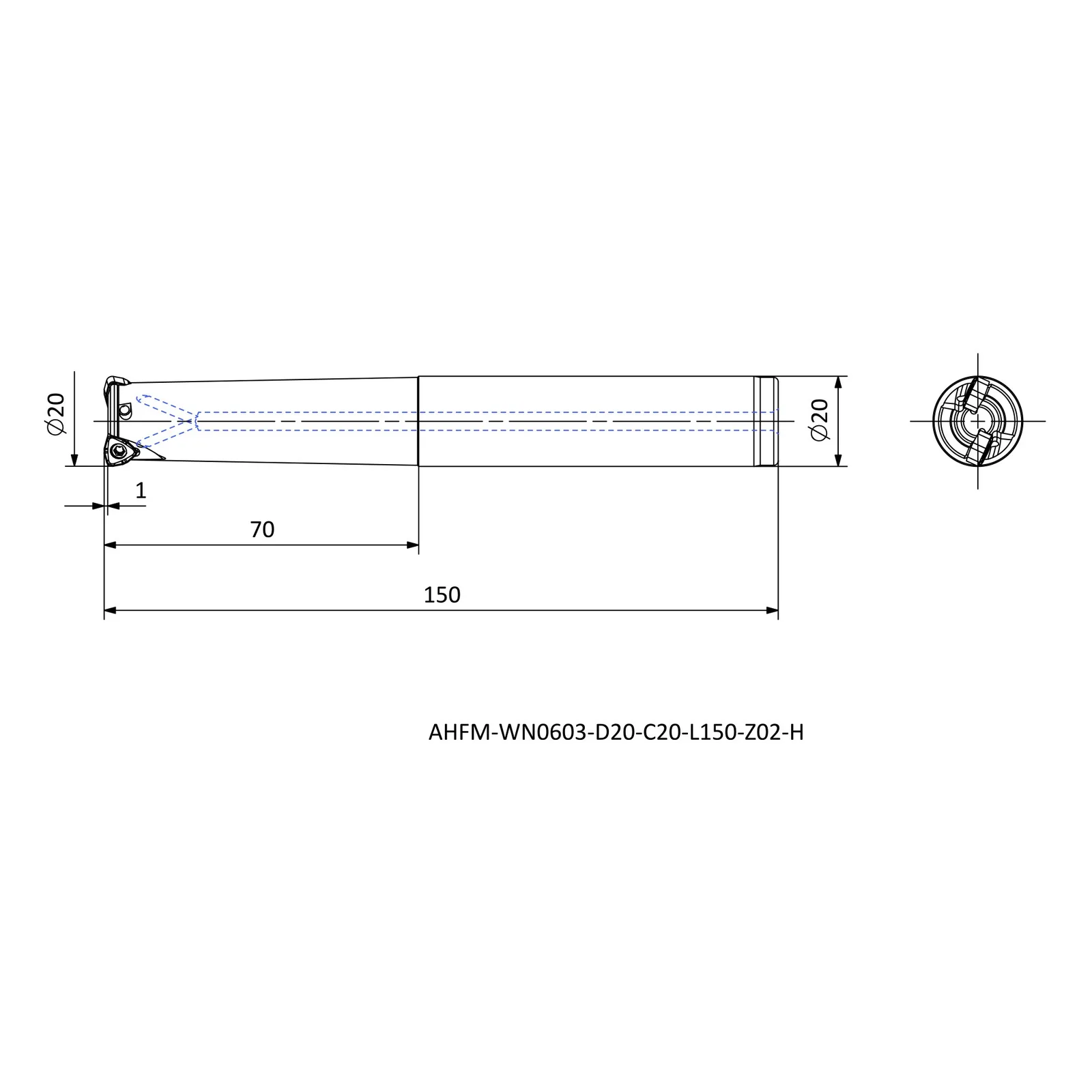 AHFM-WN0603-D20-C20-L150-Z02-H &mdash; dimensioned drawing