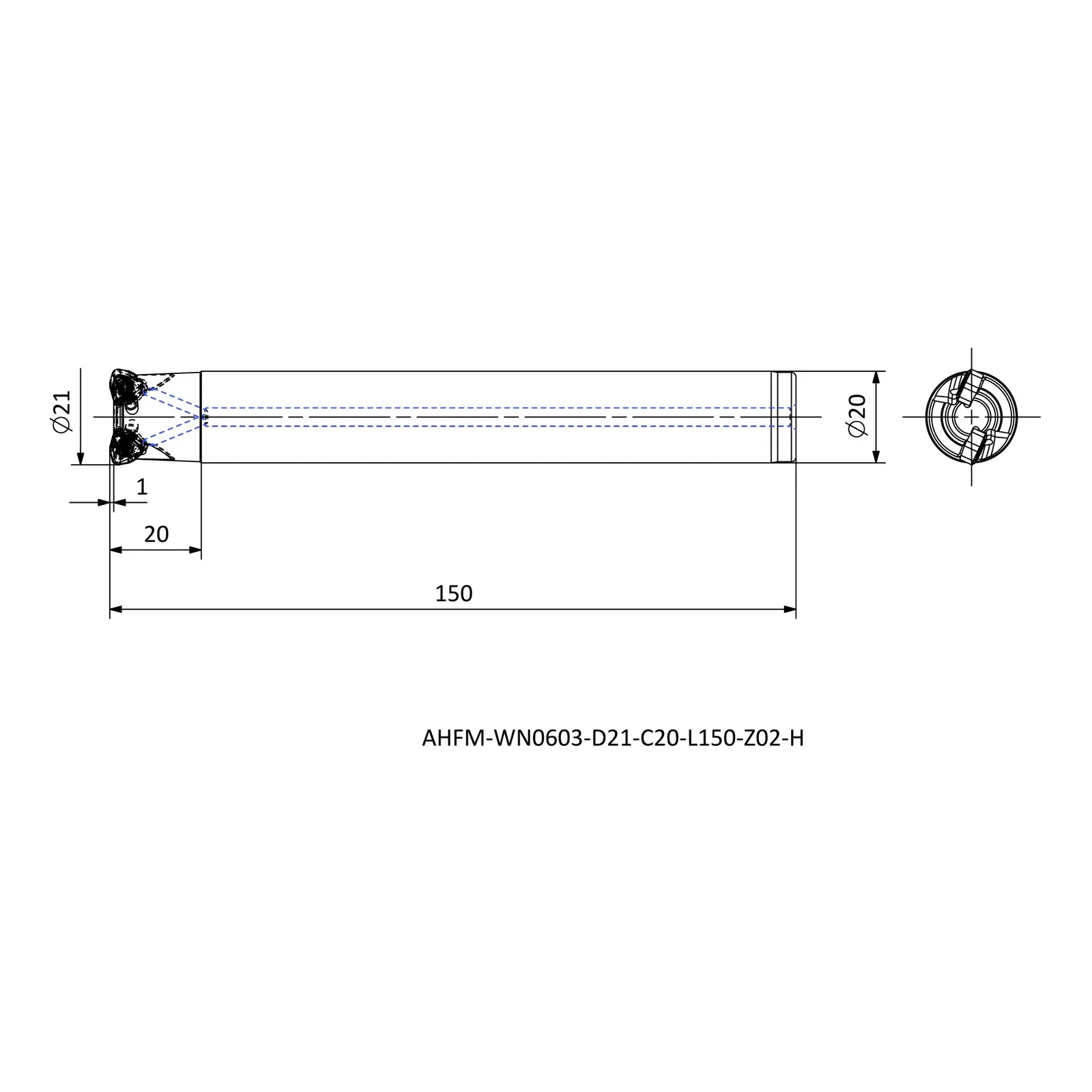 AHFM-WN0603-D21-C20-L150-Z02-H &mdash; dimensioned drawing