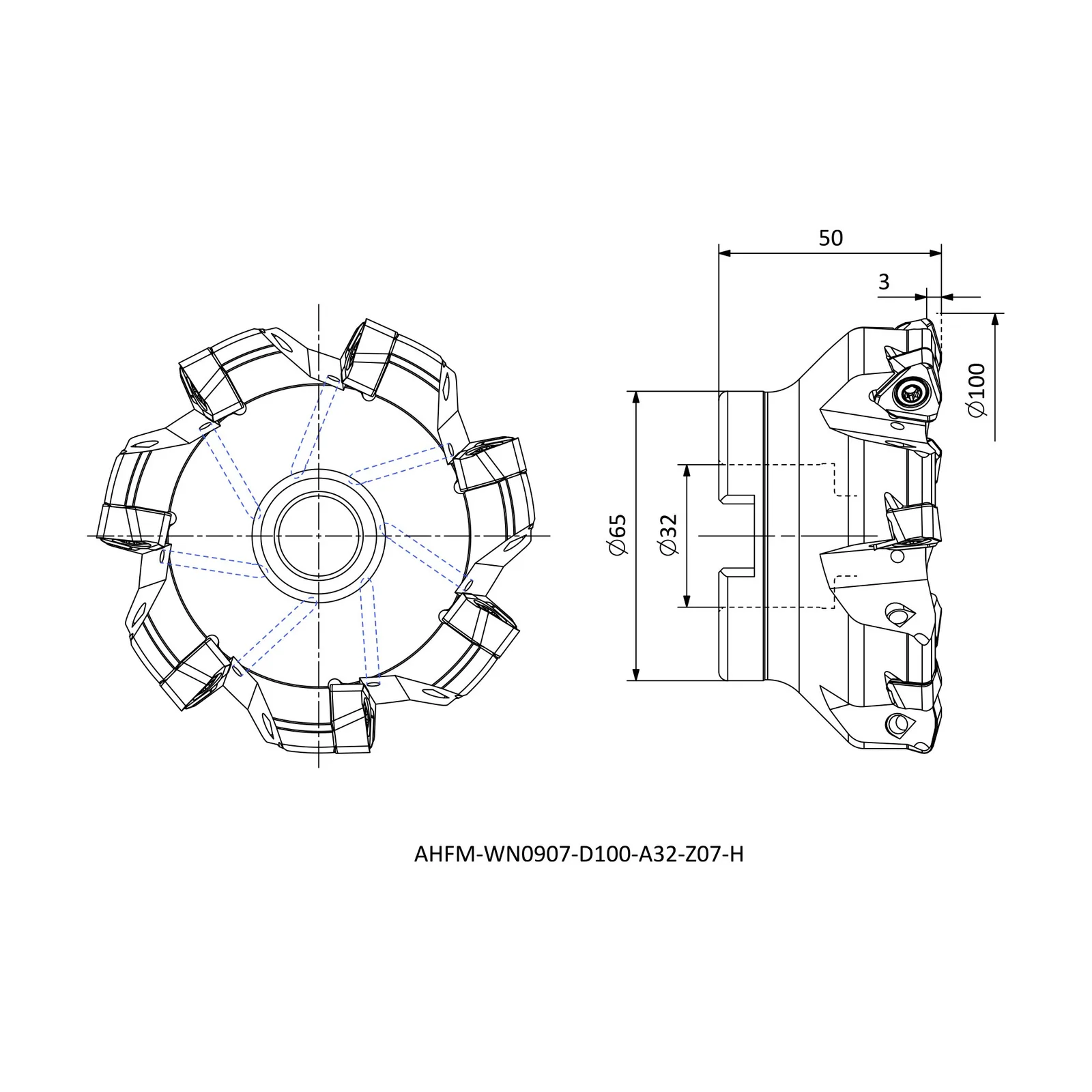 AHFM-WN0907-D100-A32-Z07-H &mdash; dimensioned drawing