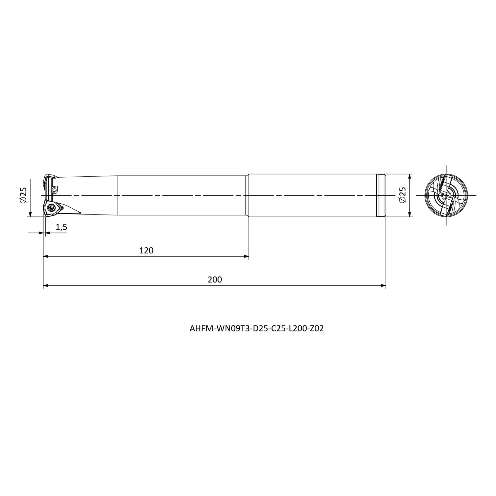 AHFM-WN09T3-D25-C25-L200-Z02 &mdash; dimensioned drawing