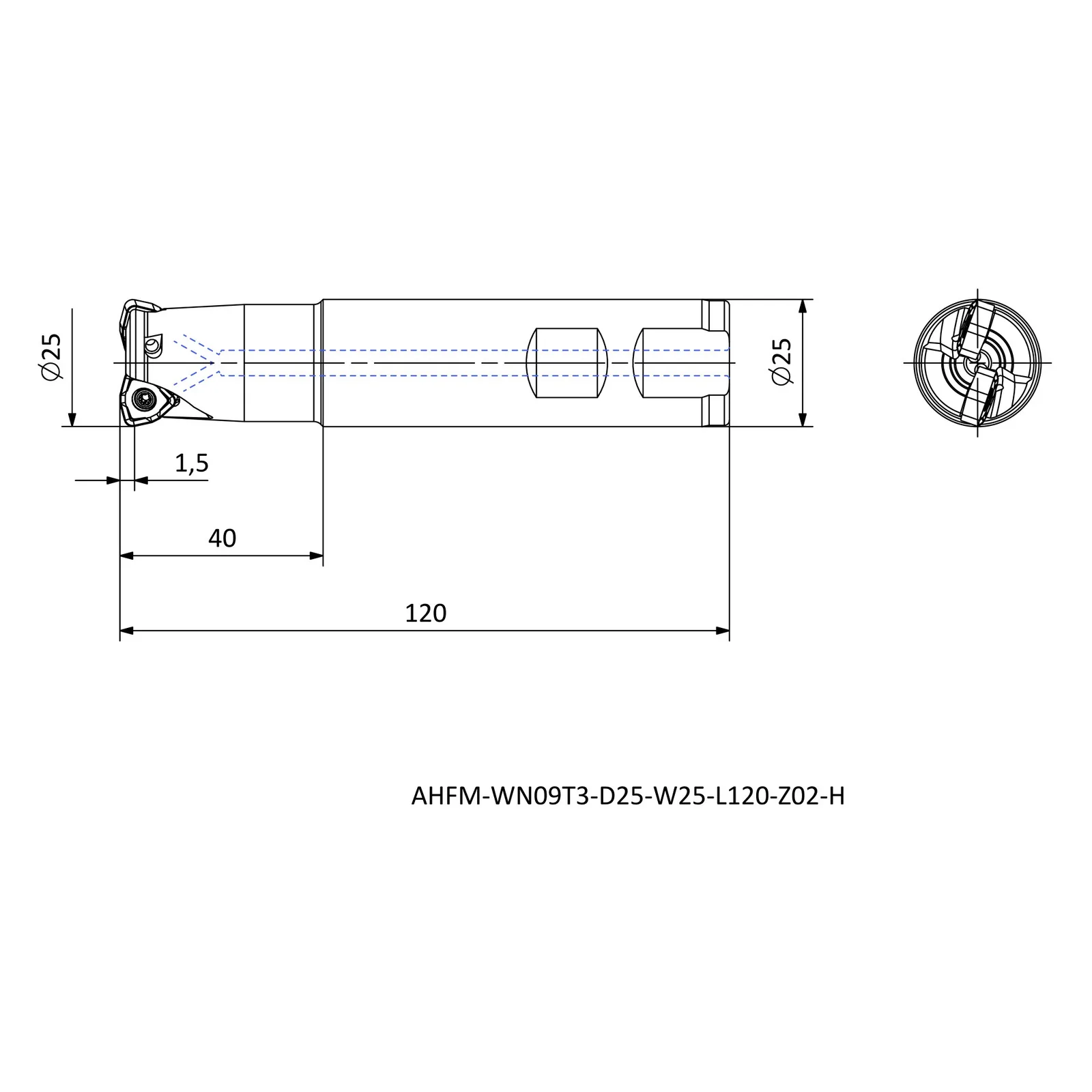 AHFM-WN09T3-D25-W25-L120-Z02-H &mdash; dimensioned drawing