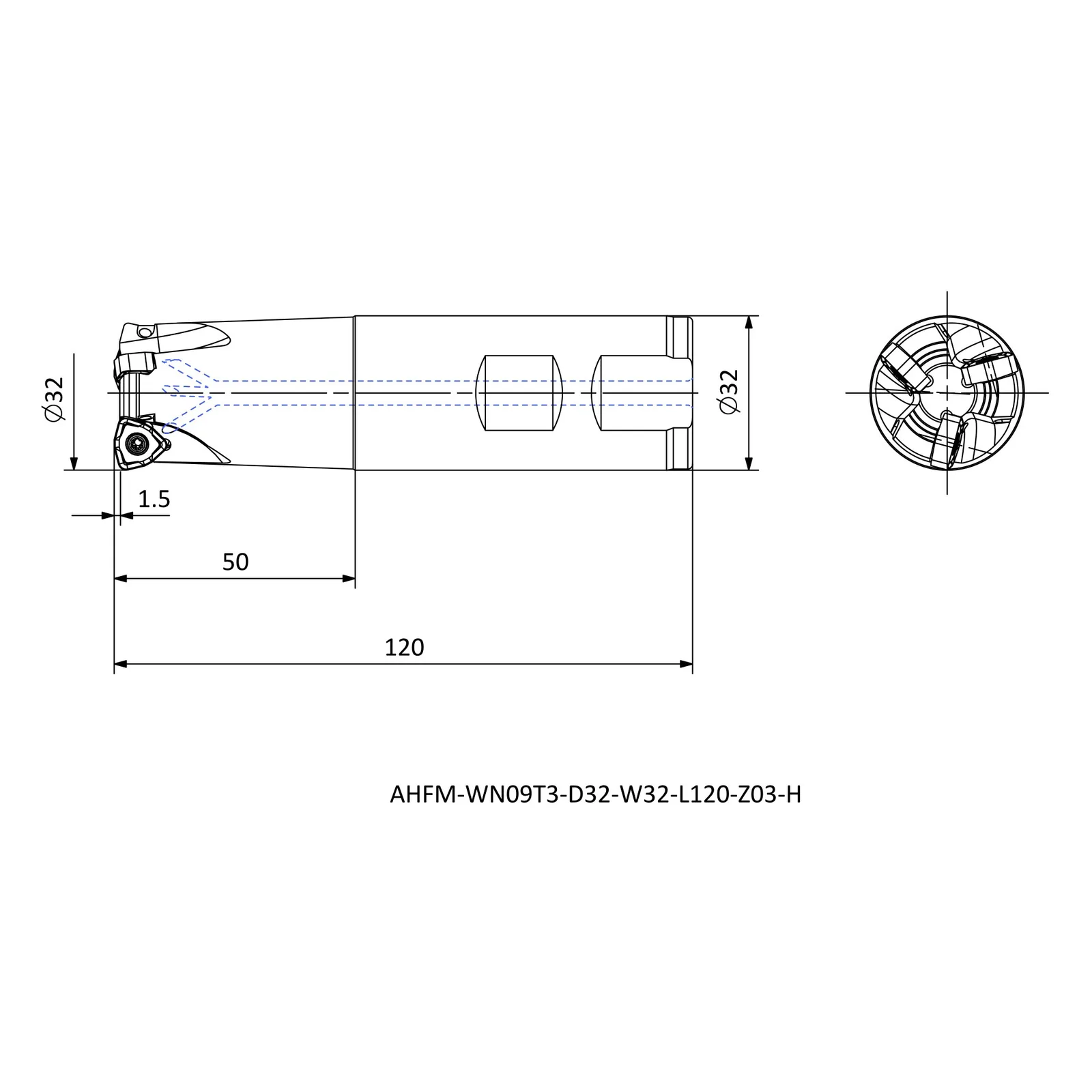 AHFM-WN09T3-D32-W32-L120-Z03-H &mdash; dimensioned drawing