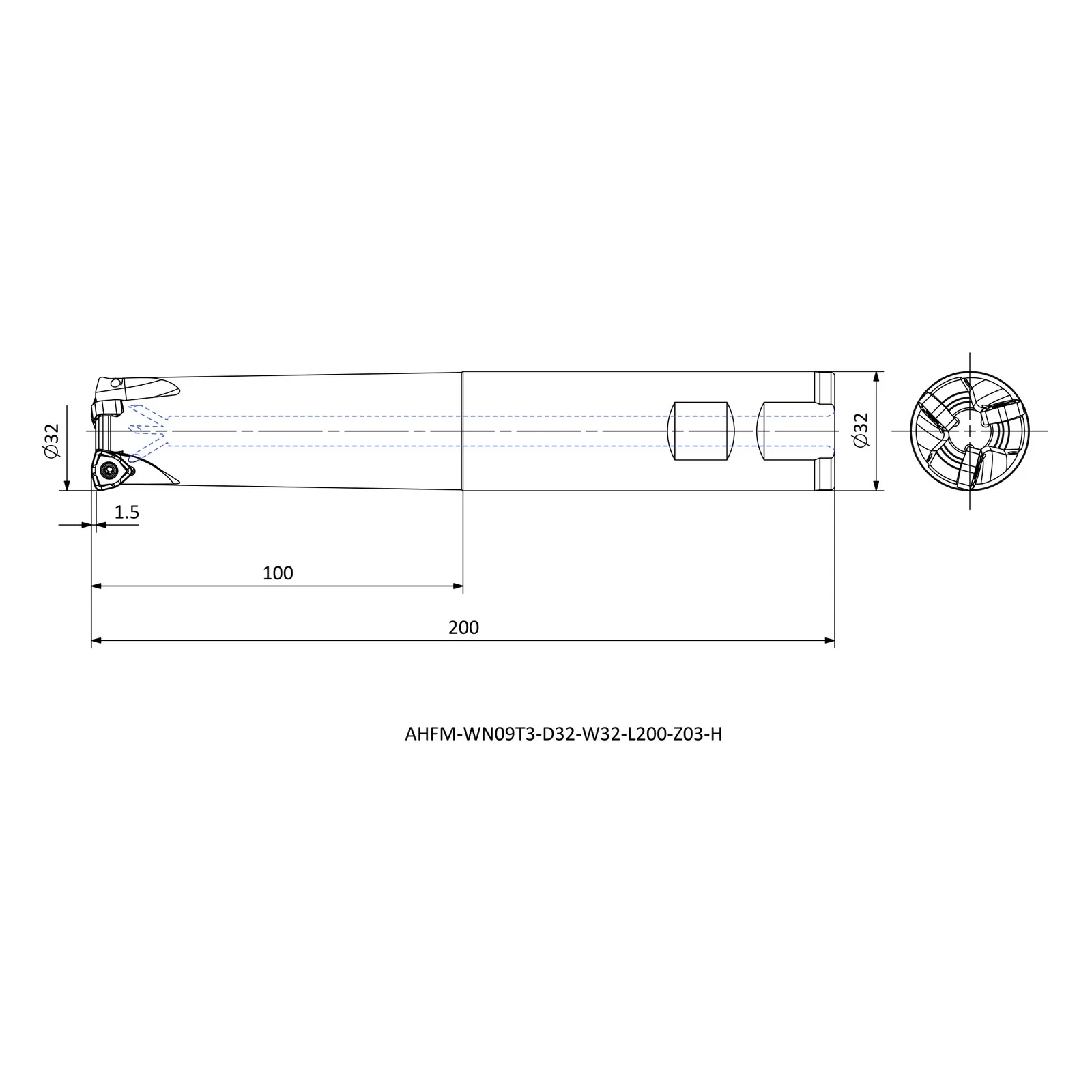 AHFM-WN09T3-D32-W32-L200-Z03-H &mdash; dimensioned drawing