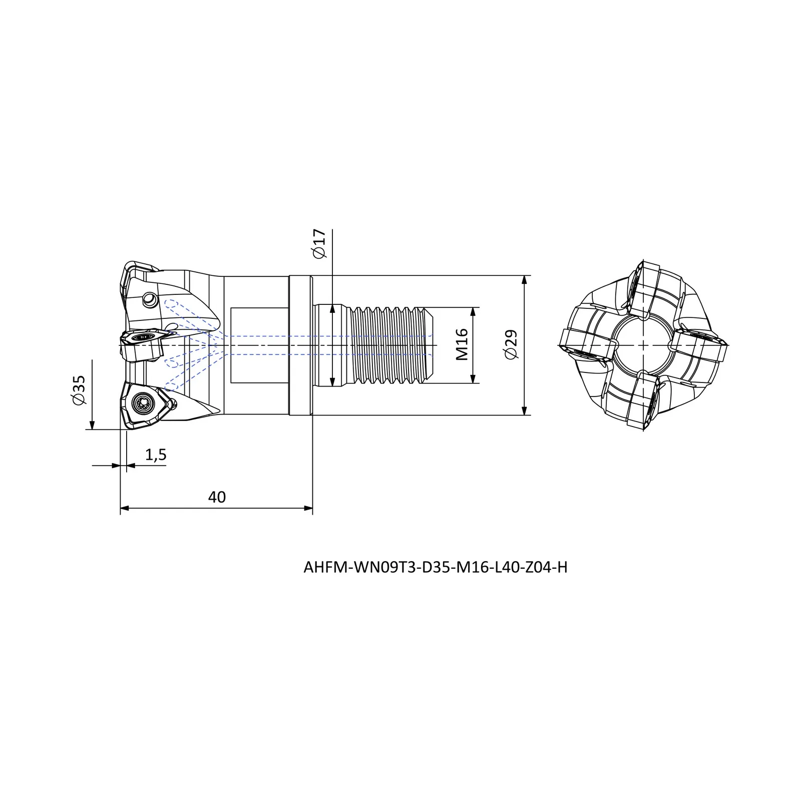 AHFM-WN09T3-D35-M16-L40-Z04-H &mdash; dimensioned drawing