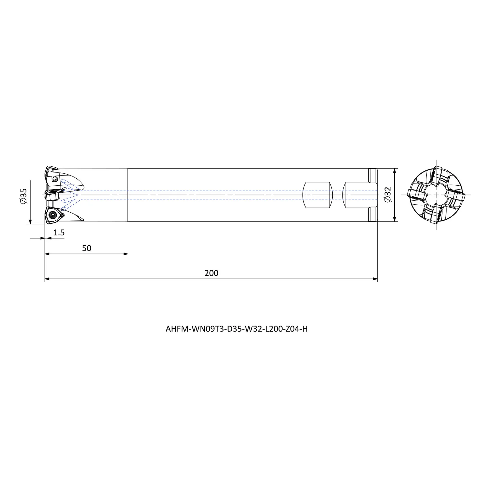 AHFM-WN09T3-D35-W32-L200-Z04-H &mdash; dimensioned drawing