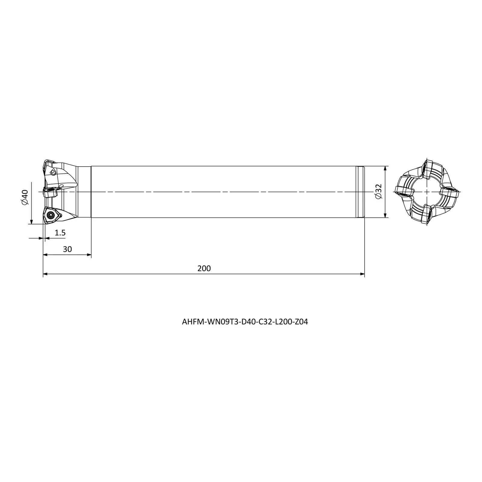 AHFM-WN09T3-D40-C32-L200-Z04 &mdash; dimensioned drawing