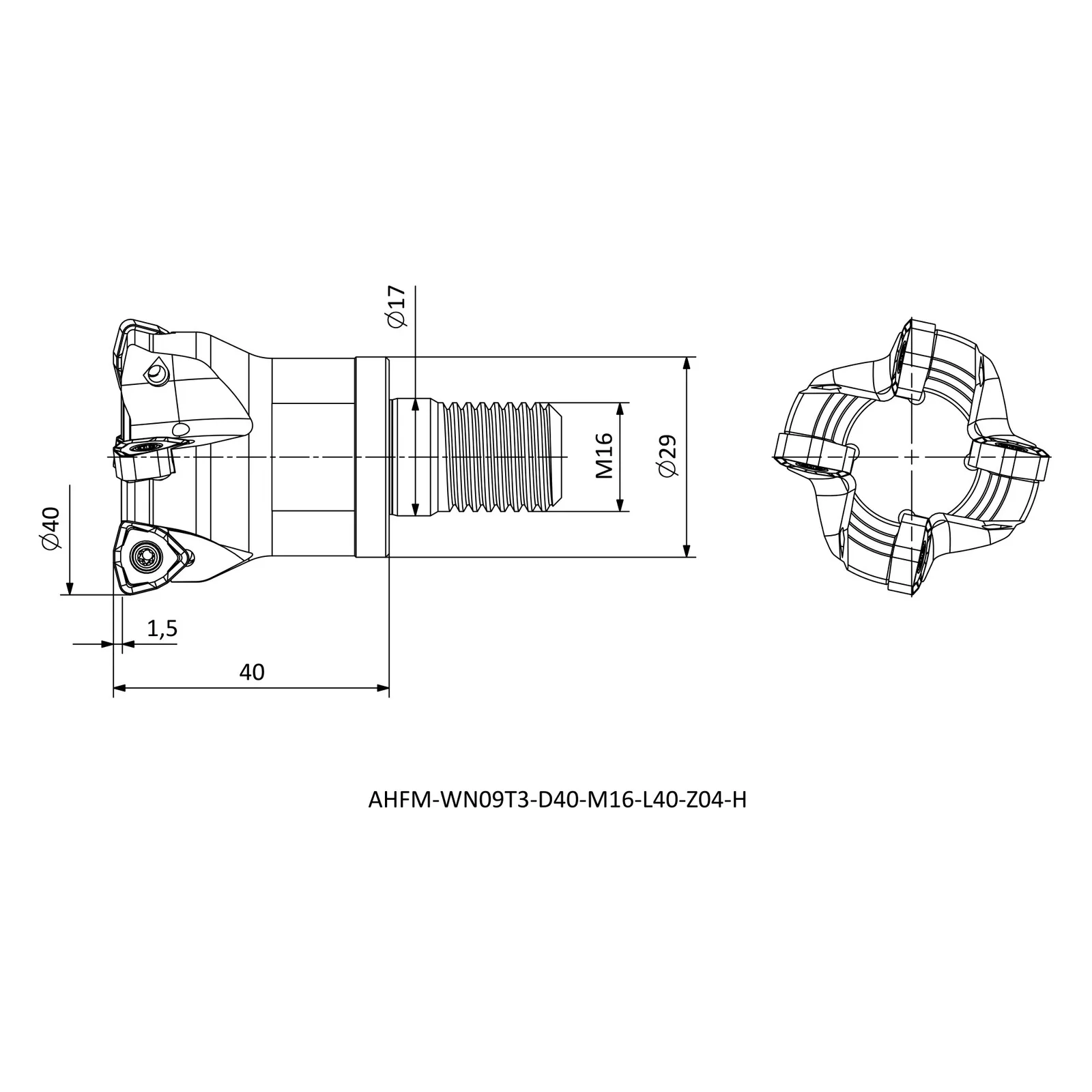 AHFM-WN09T3-D40-M16-L40-Z04-H &mdash; dimensioned drawing