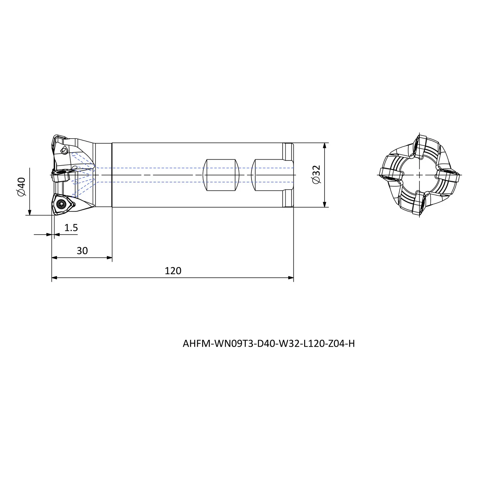 AHFM-WN09T3-D40-W32-L120-Z04-H &mdash; dimensioned drawing