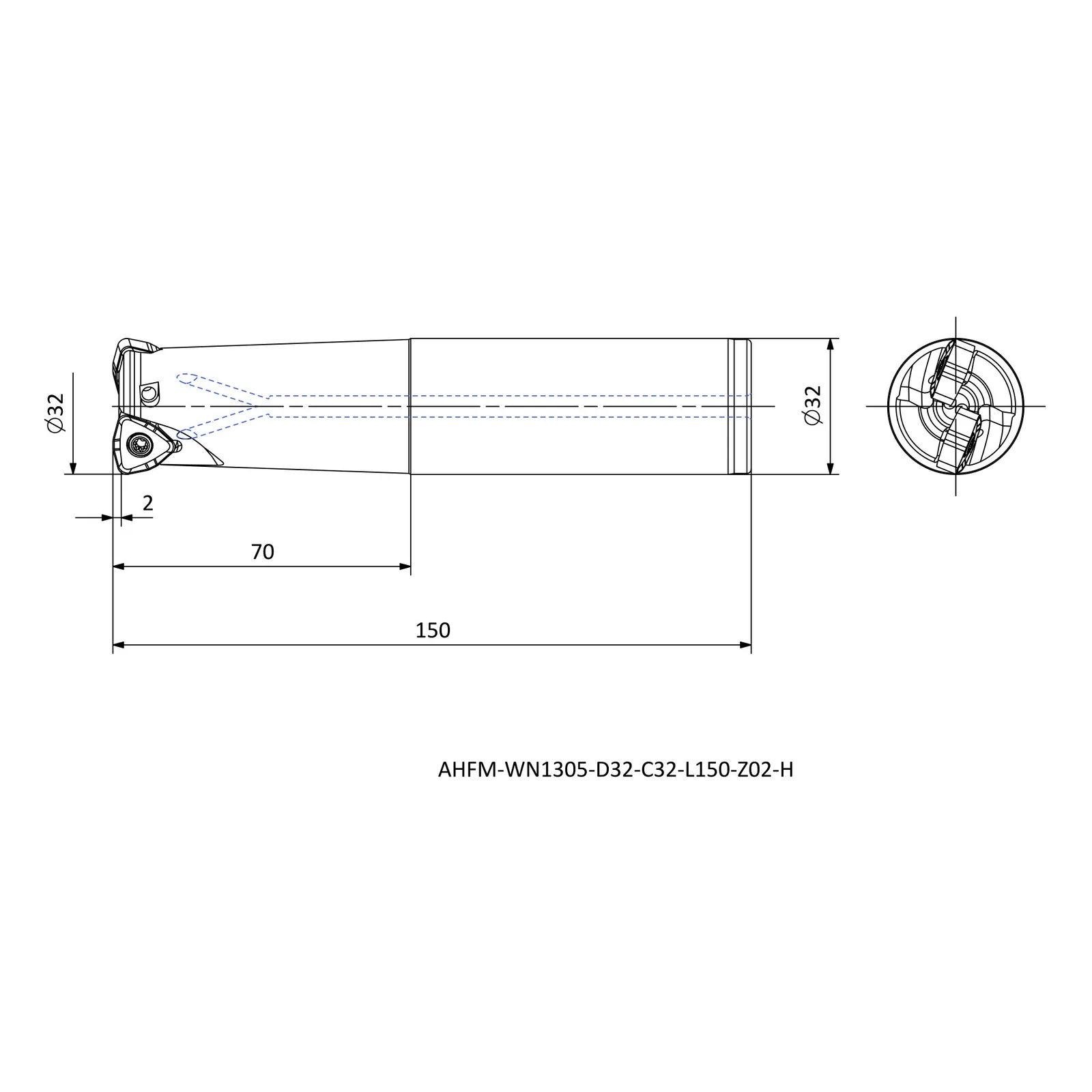 AHFM-WN1305-D32-C32-L150-Z02-H &mdash; dimensioned drawing