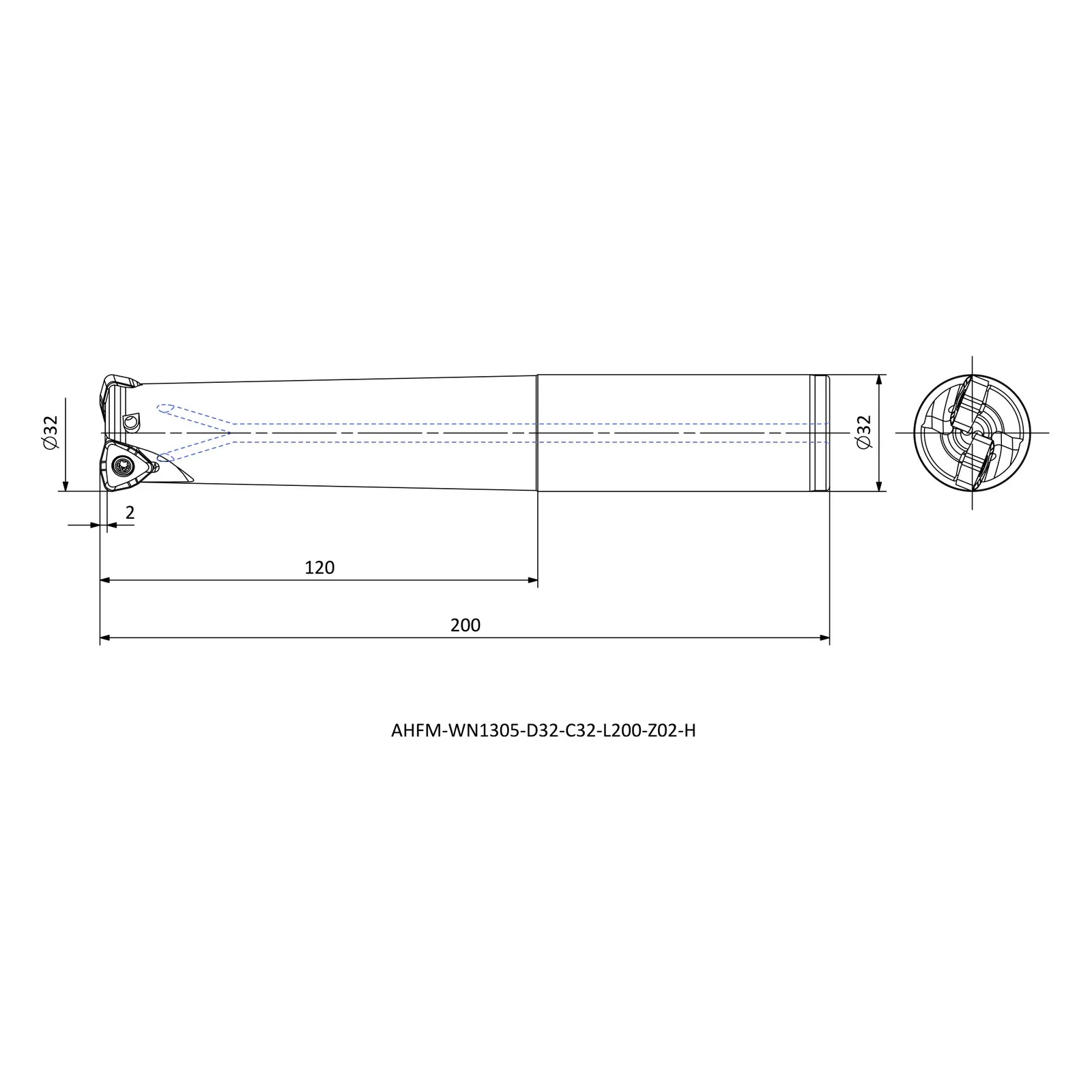 AHFM-WN1305-D32-C32-L200-Z02-H &mdash; dimensioned drawing
