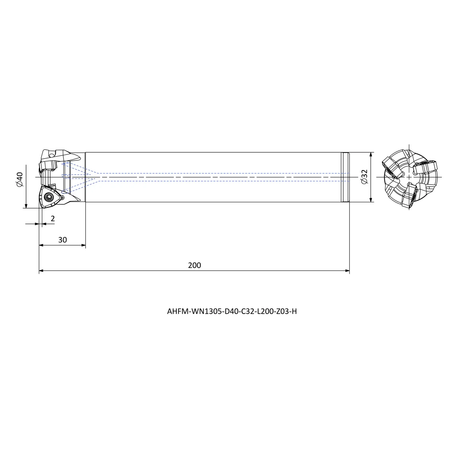 AHFM-WN1305-D40-C32-L200-Z03-H &mdash; dimensioned drawing