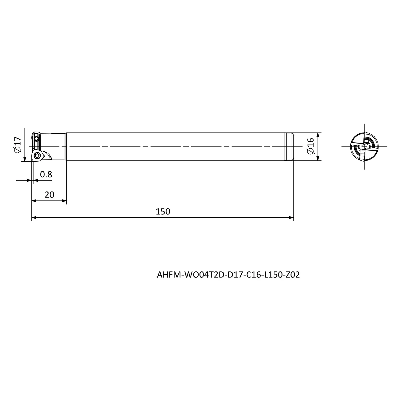 AHFM-WO04T2D-D17-C16-L150-Z02 &mdash; dimensioned drawing