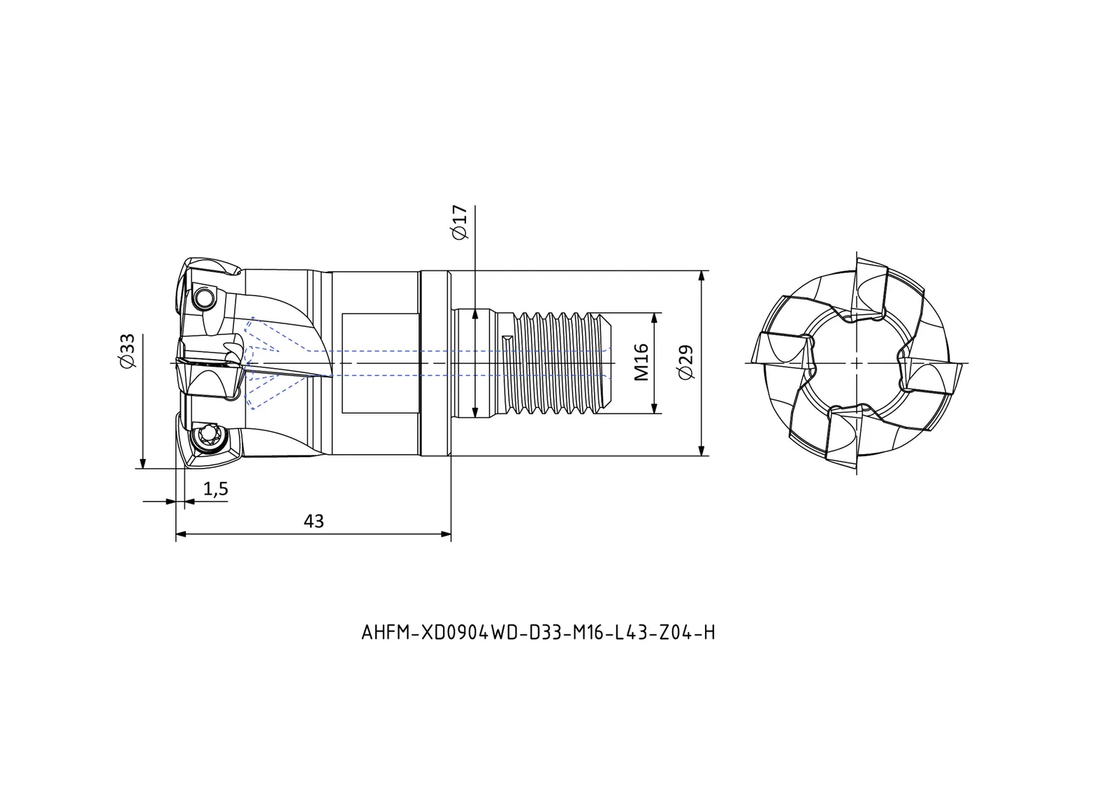 AHFM-XD0904WD-D33-M16-L43-Z04-H &mdash; dimensioned drawing