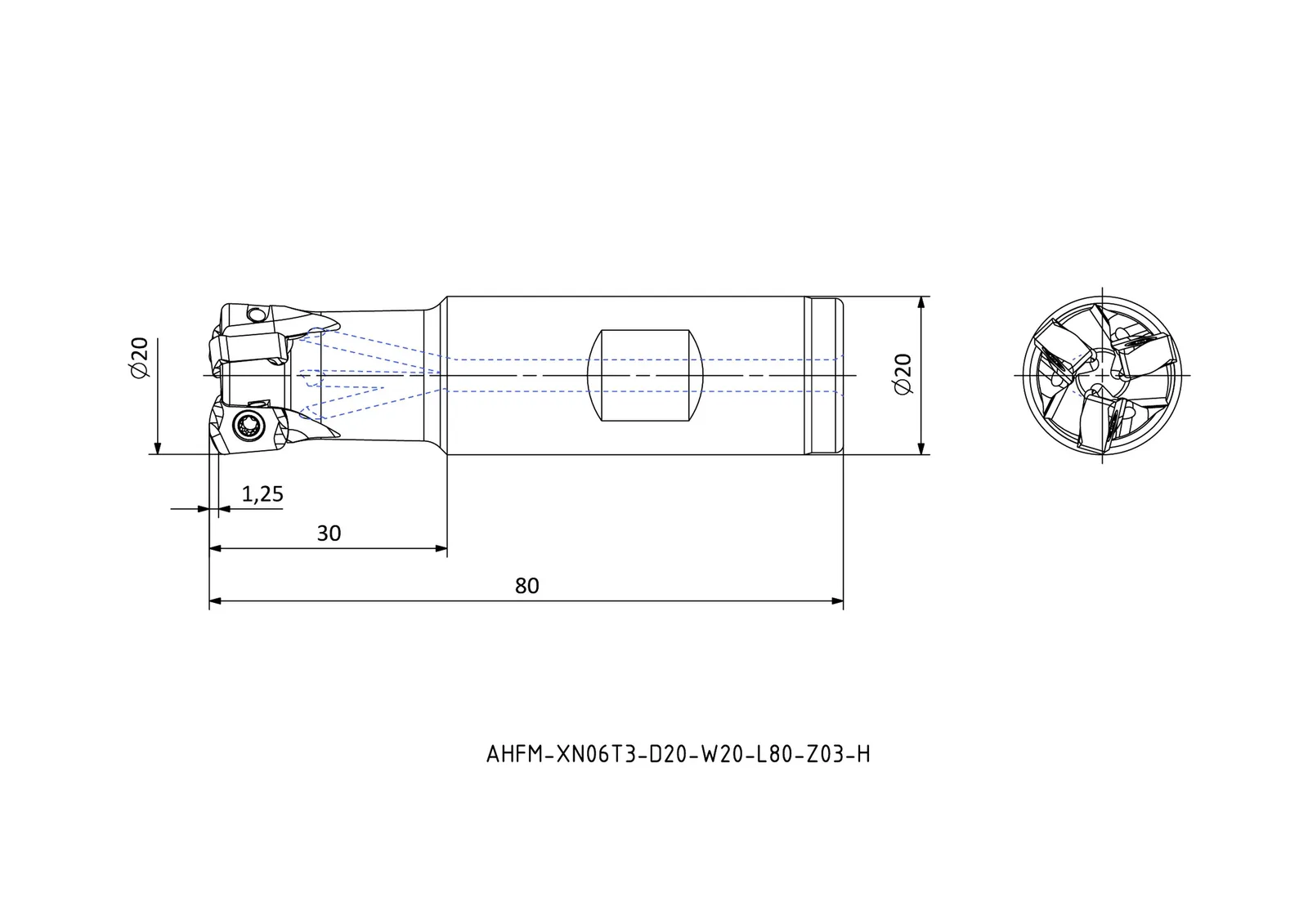 AHFM-XN06T3-D20-W20-L80-Z03-H &mdash; dimensioned drawing
