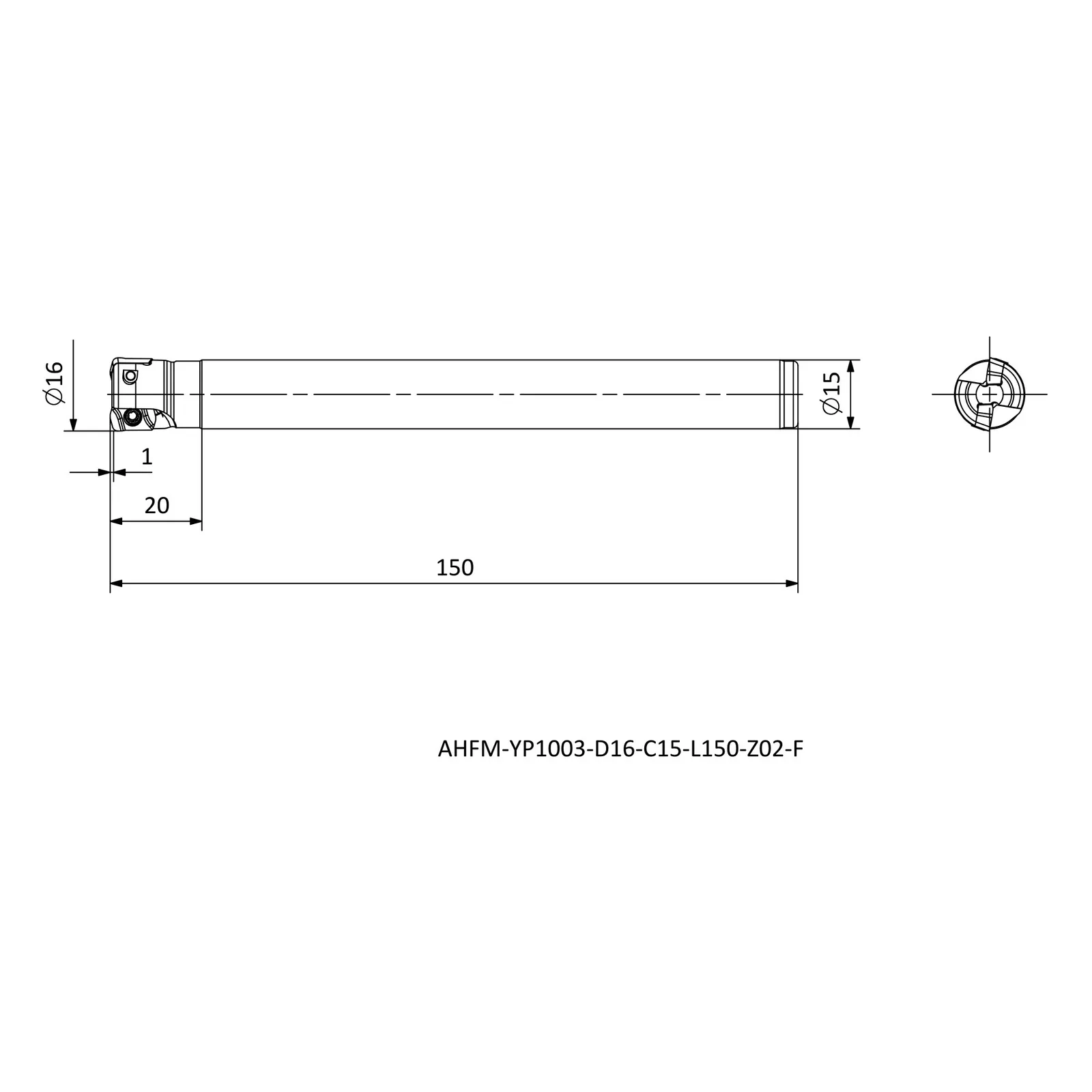 AHFM-YP1003-D16-C15-L150-Z02-F &mdash; dimensioned drawing