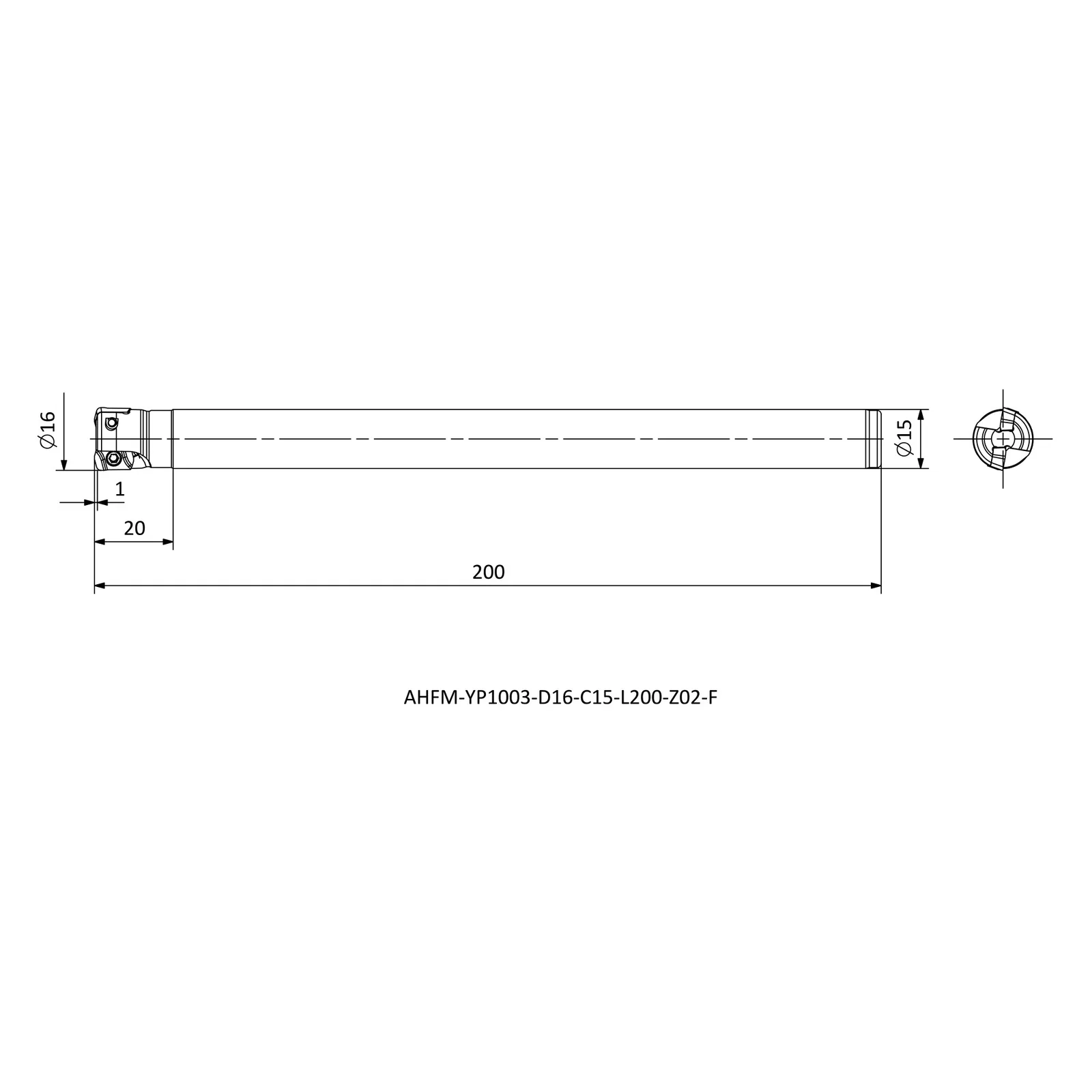 AHFM-YP1003-D16-C15-L200-Z02-F &mdash; dimensioned drawing