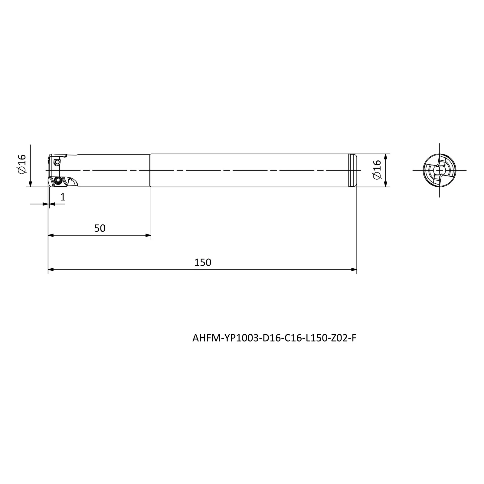 AHFM-YP1003-D16-C16-L150-Z02-F &mdash; dimensioned drawing