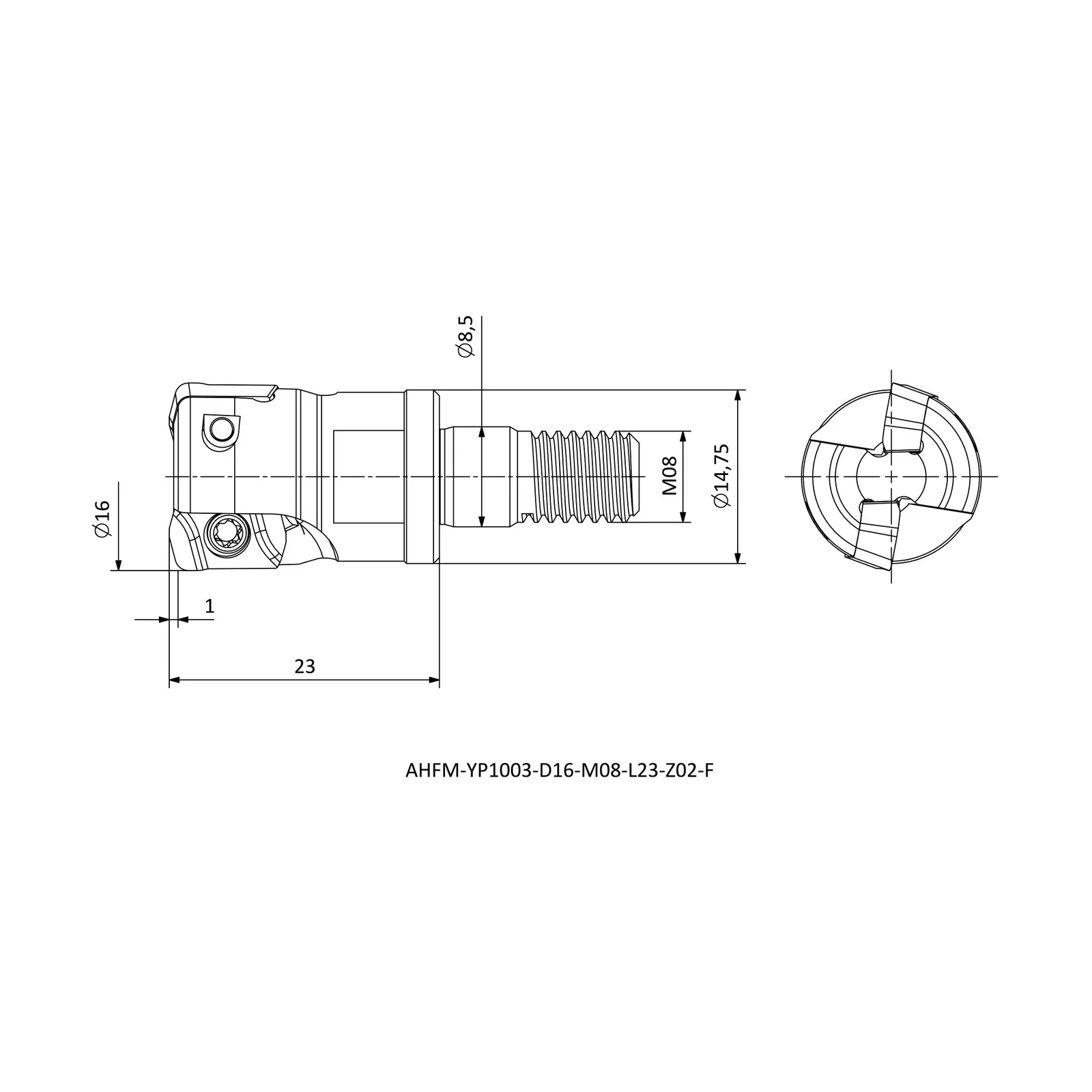 AHFM-YP1003-D16-M08-L23-Z02-F &mdash; dimensioned drawing