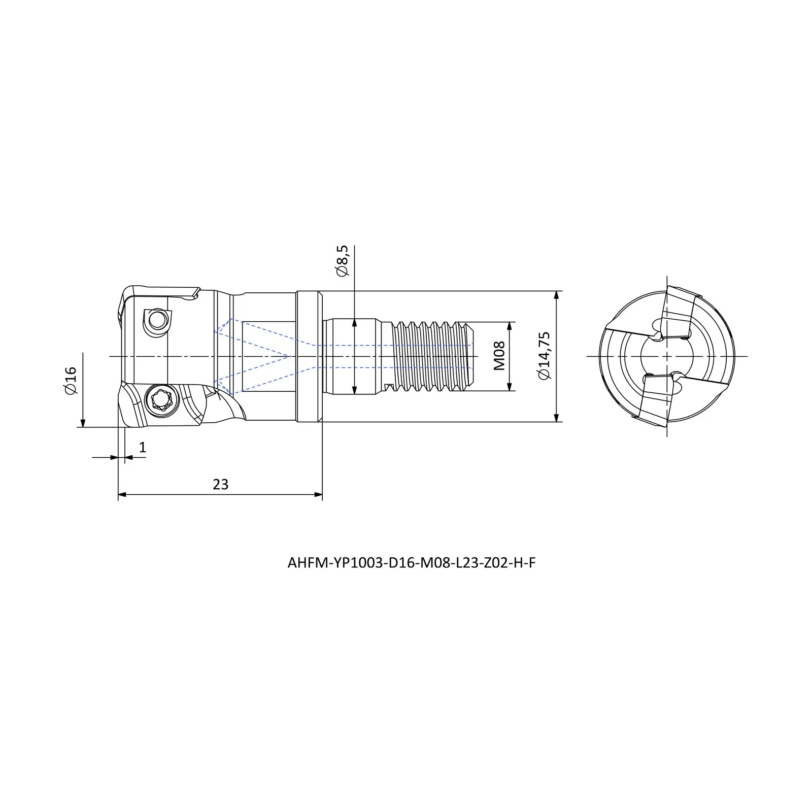 AHFM-YP1003-D16-M08-L23-Z02-H-F &mdash; dimensioned drawing