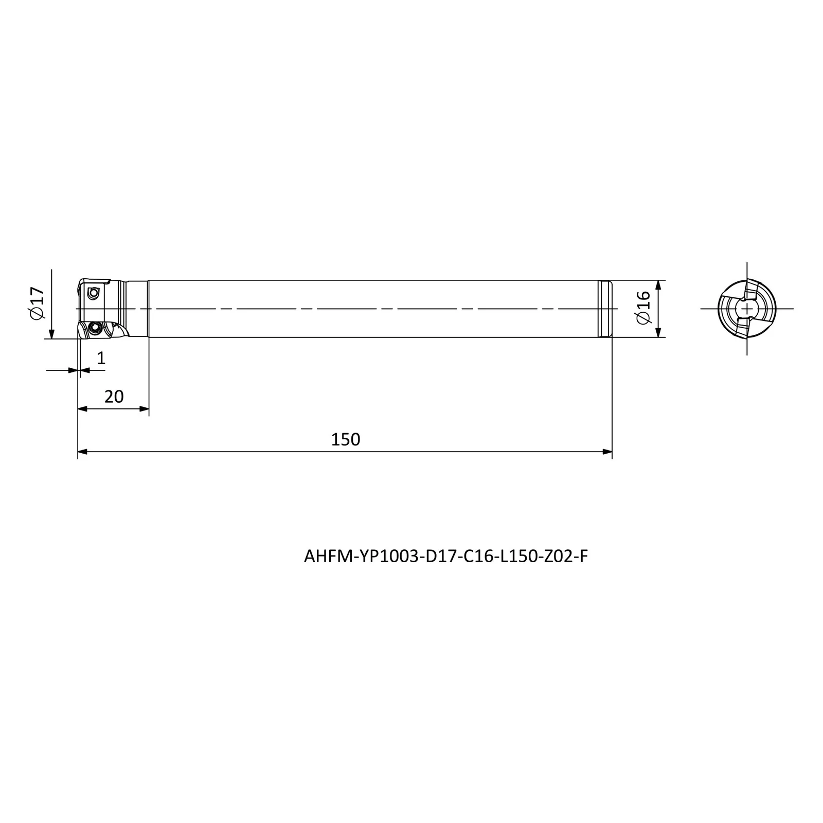 AHFM-YP1003-D17-C16-L150-Z02-F &mdash; dimensioned drawing