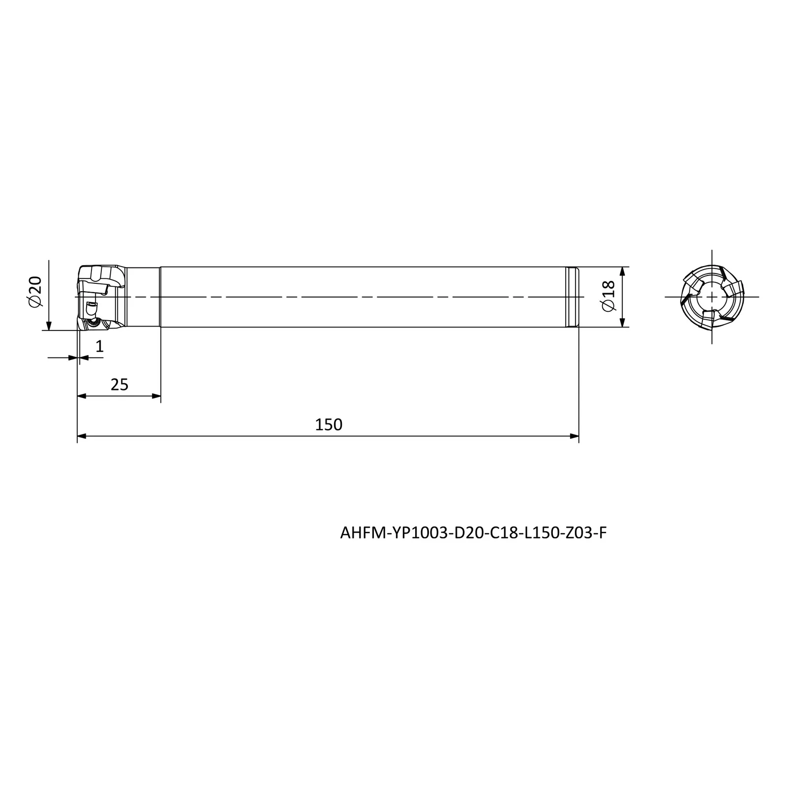 AHFM-YP1003-D20-C18-L150-Z03-F &mdash; dimensioned drawing