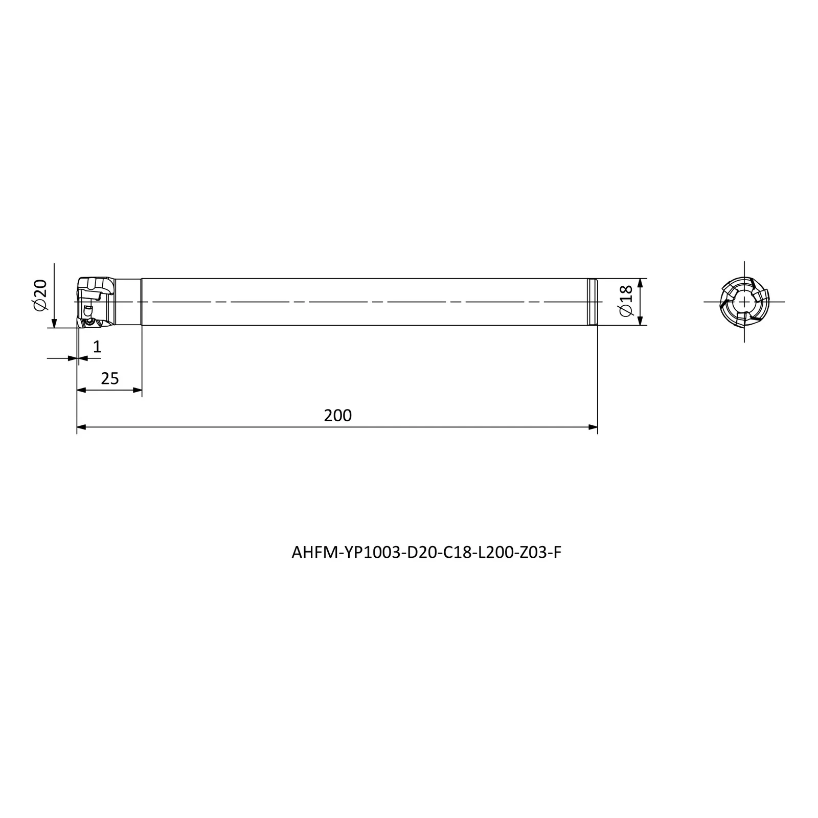 AHFM-YP1003-D20-C18-L200-Z03-F &mdash; dimensioned drawing