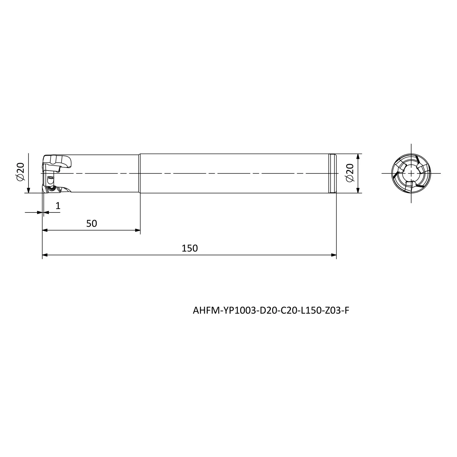 AHFM-YP1003-D20-C20-L150-Z03-F &mdash; dimensioned drawing