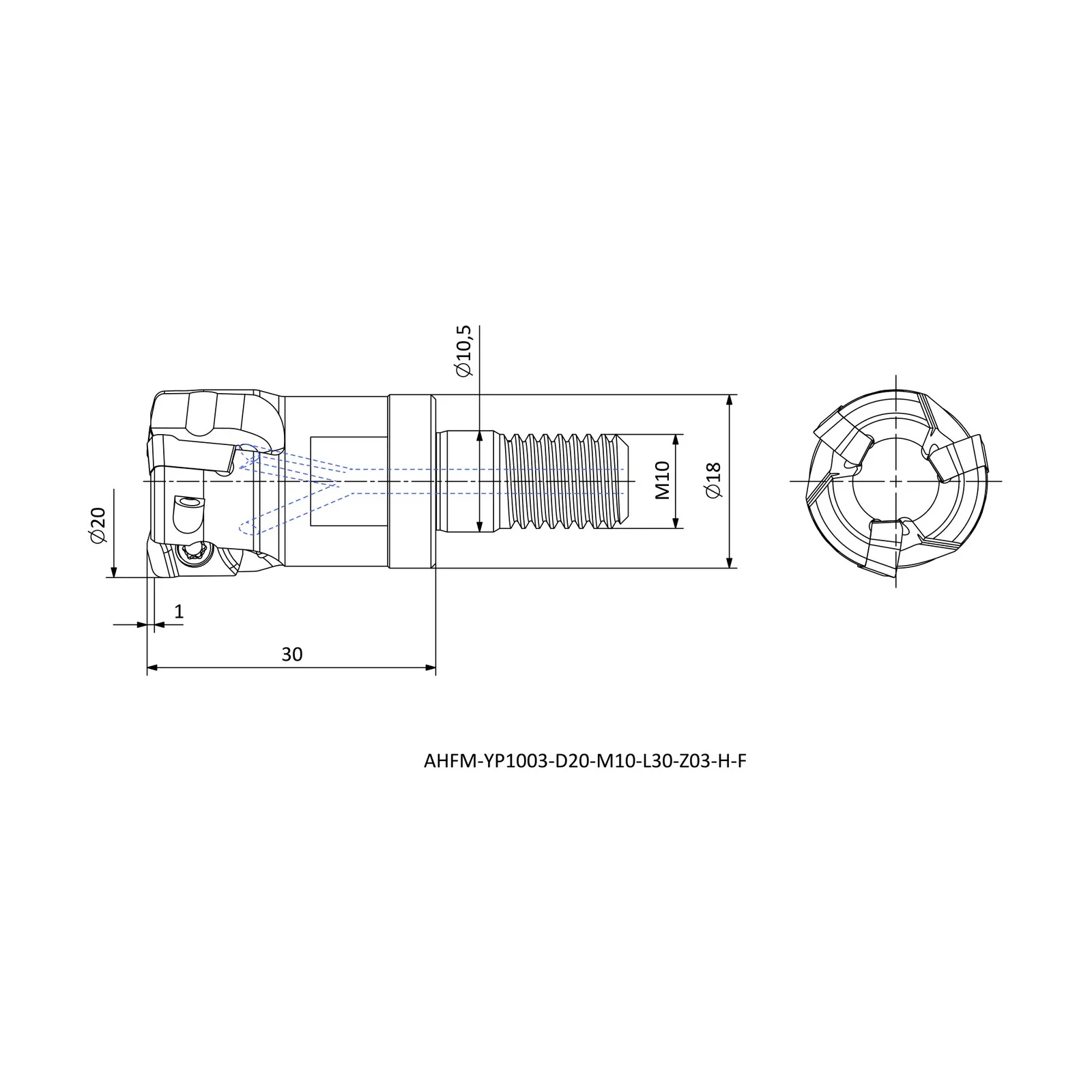 AHFM-YP1003-D20-M10-L30-Z03-H-F &mdash; dimensioned drawing