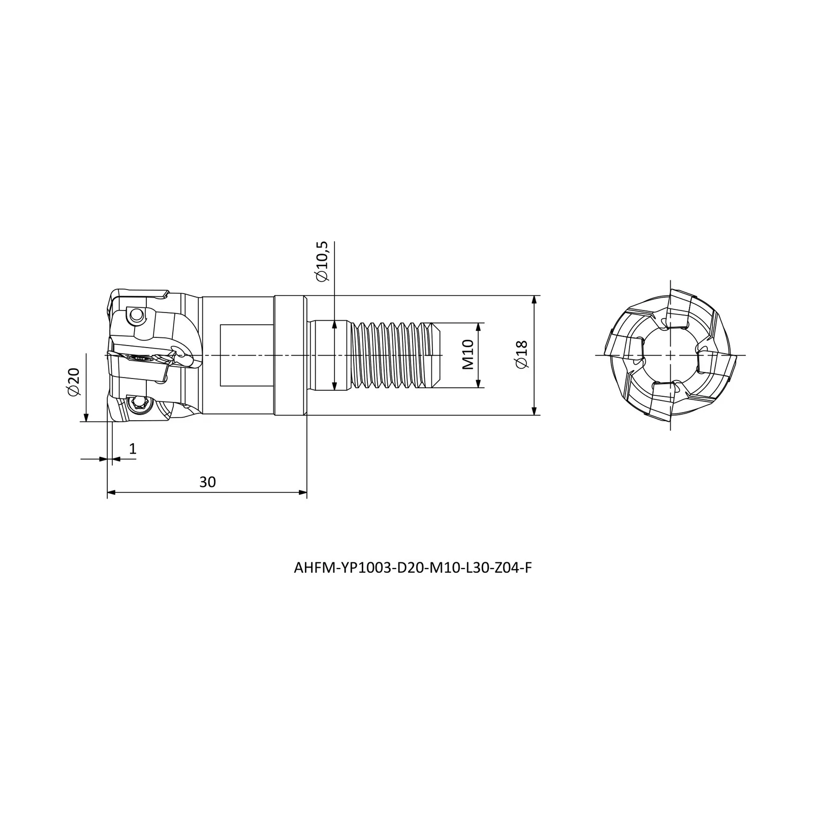 AHFM-YP1003-D20-M10-L30-Z04-F &mdash; dimensioned drawing
