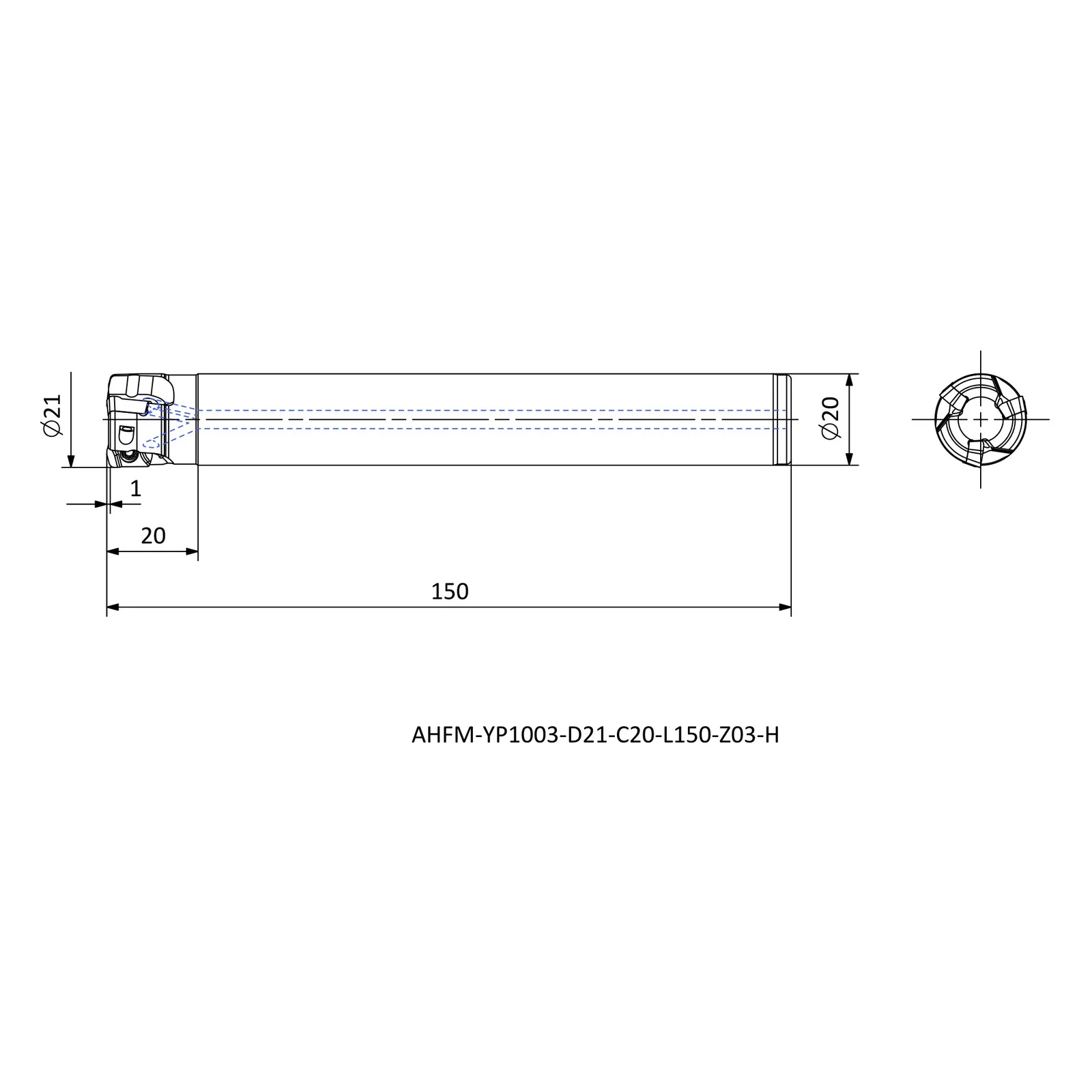 AHFM-YP1003-D21-C20-L150-Z03-H &mdash; dimensioned drawing