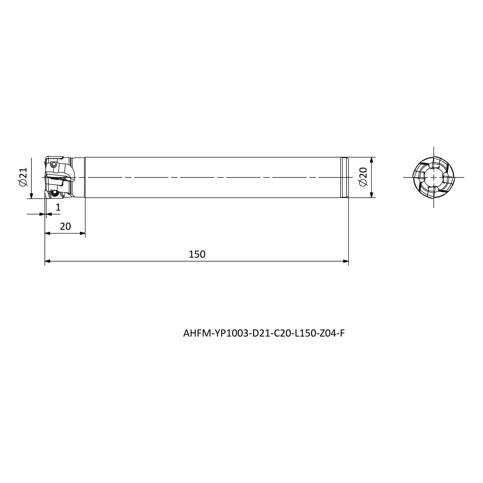AHFM-YP1003-D21-C20-L150-Z04-F &mdash; dimensioned drawing