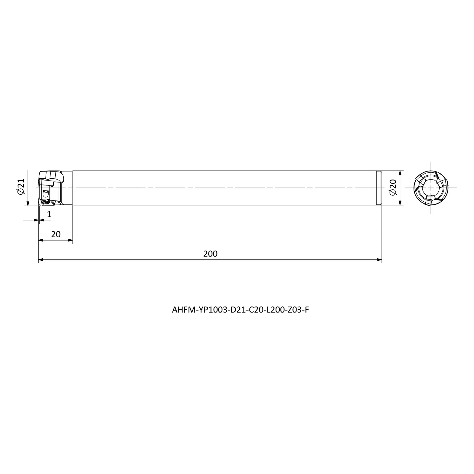 AHFM-YP1003-D21-C20-L200-Z03-F &mdash; dimensioned drawing