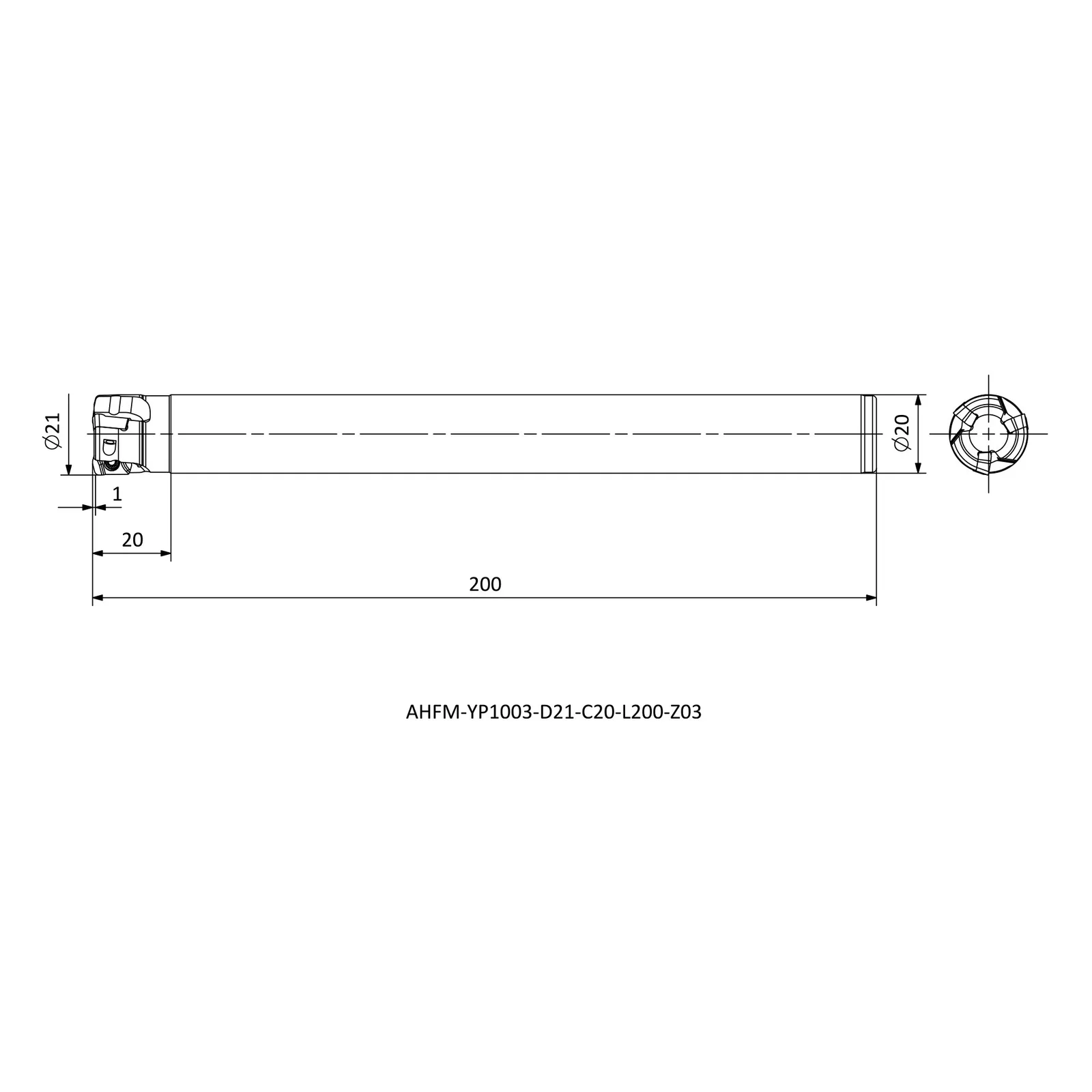 AHFM-YP1003-D21-C20-L200-Z03 &mdash; dimensioned drawing