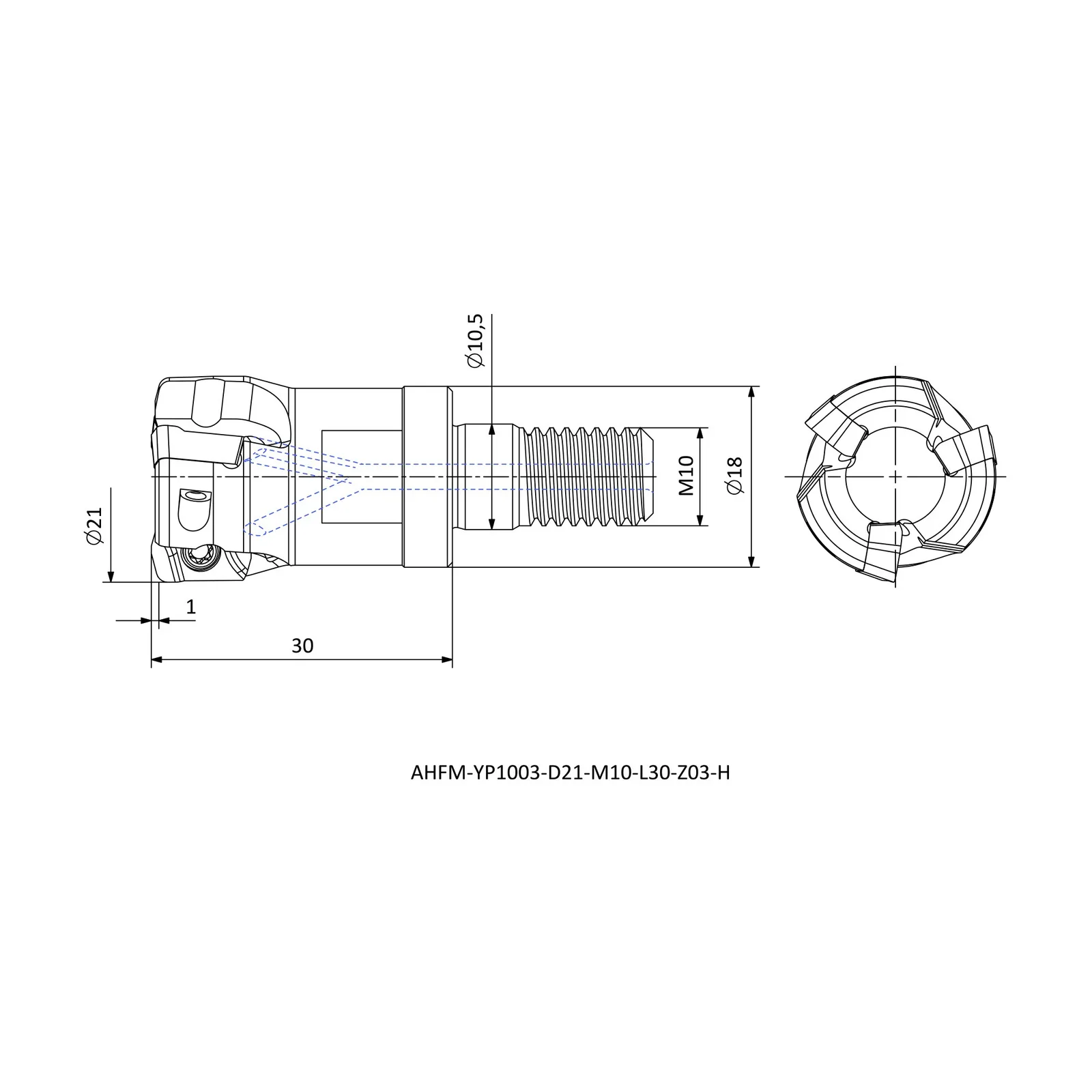 AHFM-YP1003-D21-M10-L30-Z03-H &mdash; dimensioned drawing