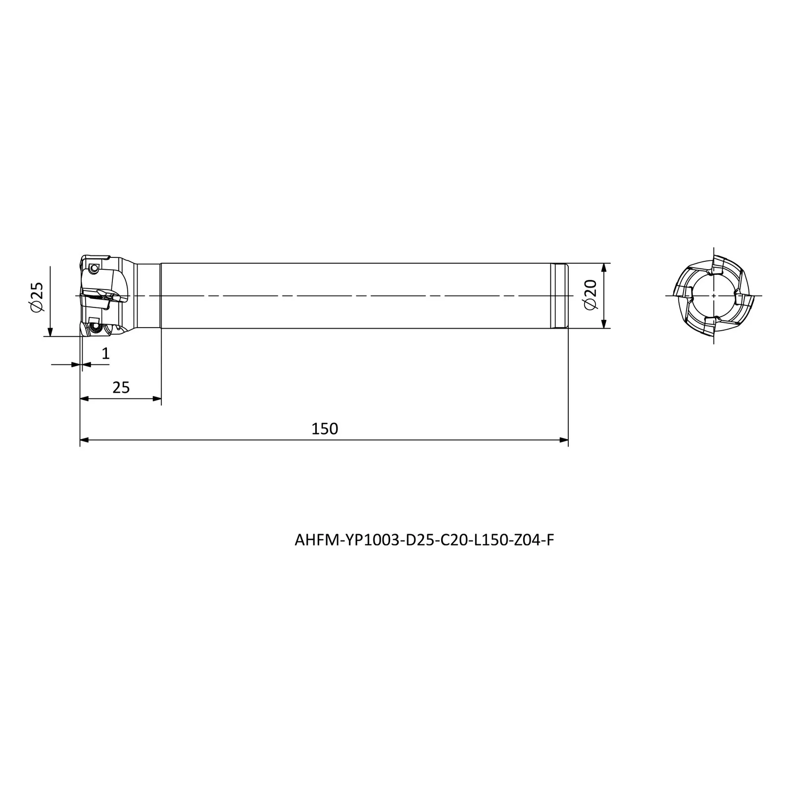 AHFM-YP1003-D25-C20-L150-Z04-F &mdash; dimensioned drawing