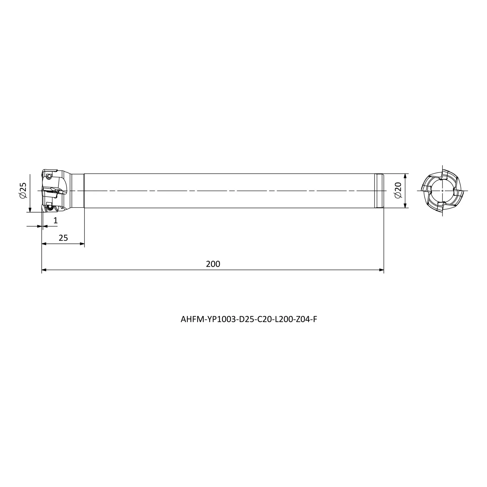 AHFM-YP1003-D25-C20-L200-Z04-F &mdash; dimensioned drawing