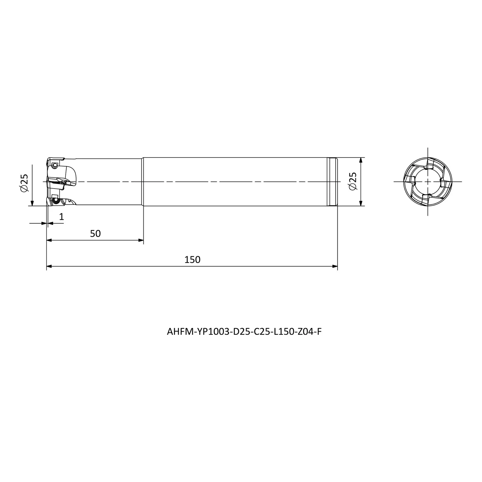 AHFM-YP1003-D25-C25-L150-Z04-F &mdash; dimensioned drawing