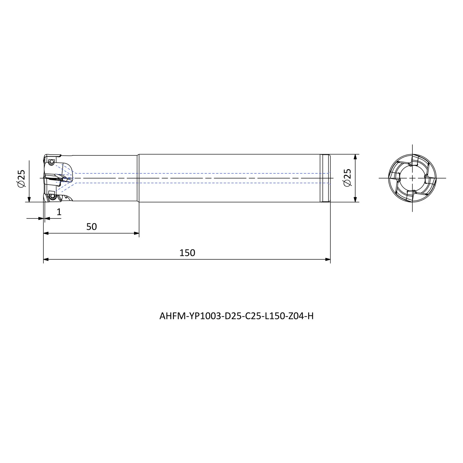 AHFM-YP1003-D25-C25-L150-Z04-H &mdash; dimensioned drawing
