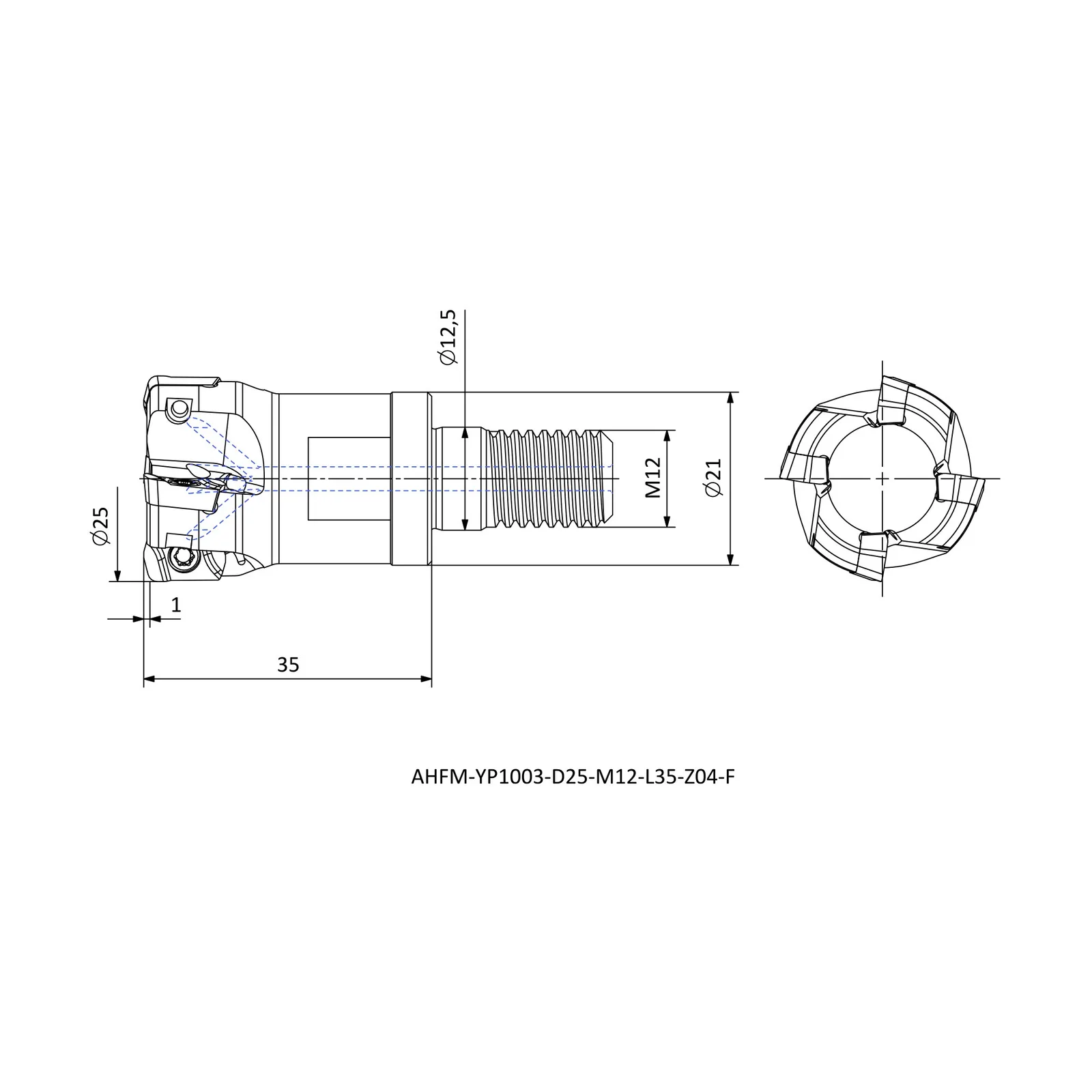 AHFM-YP1003-D25-M12-L35-Z04-F &mdash; dimensioned drawing