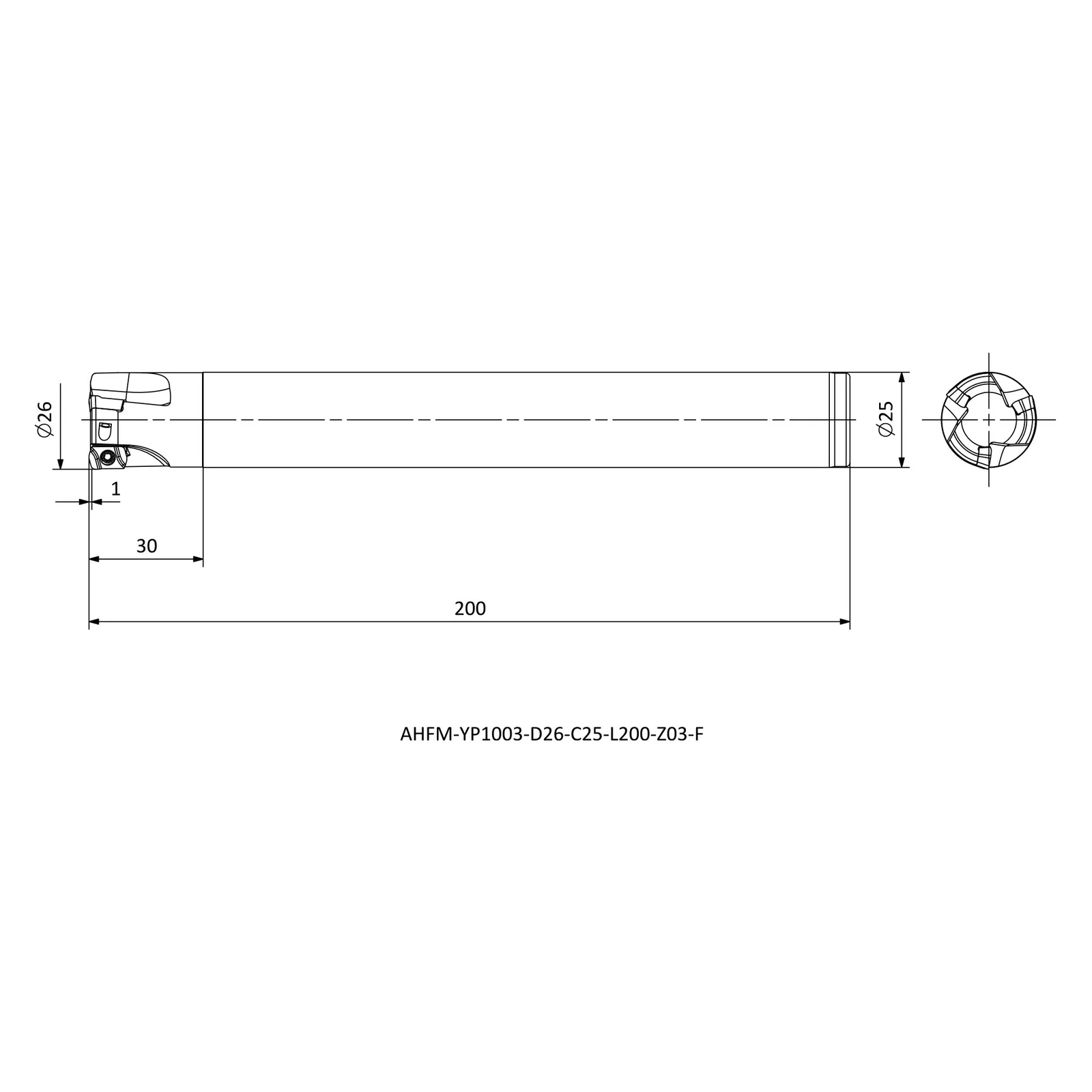 AHFM-YP1003-D26-C25-L200-Z03-F &mdash; dimensioned drawing
