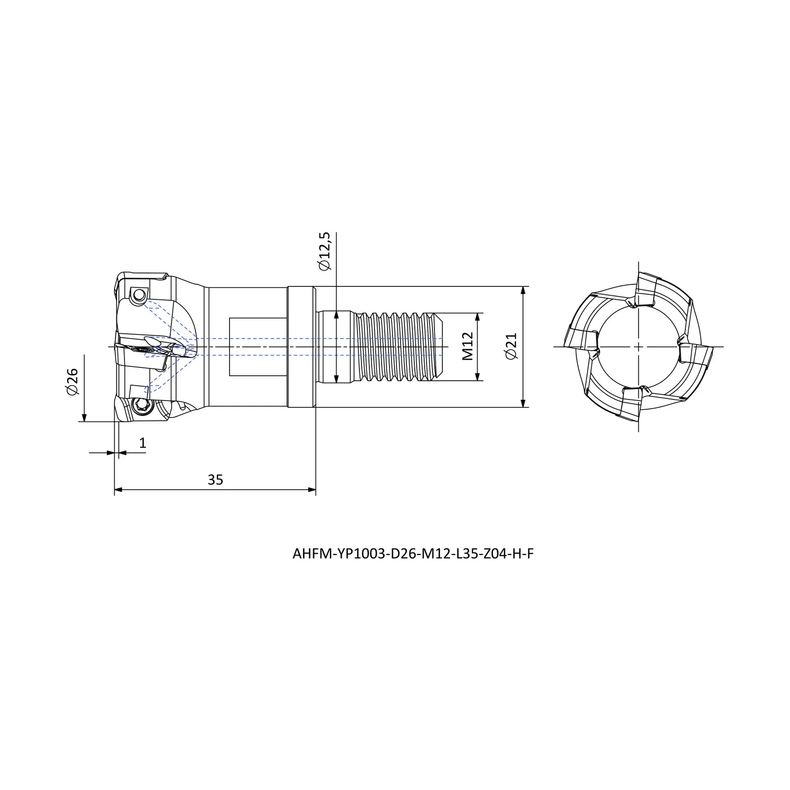 AHFM-YP1003-D26-M12-L35-Z04-H-F &mdash; dimensioned drawing