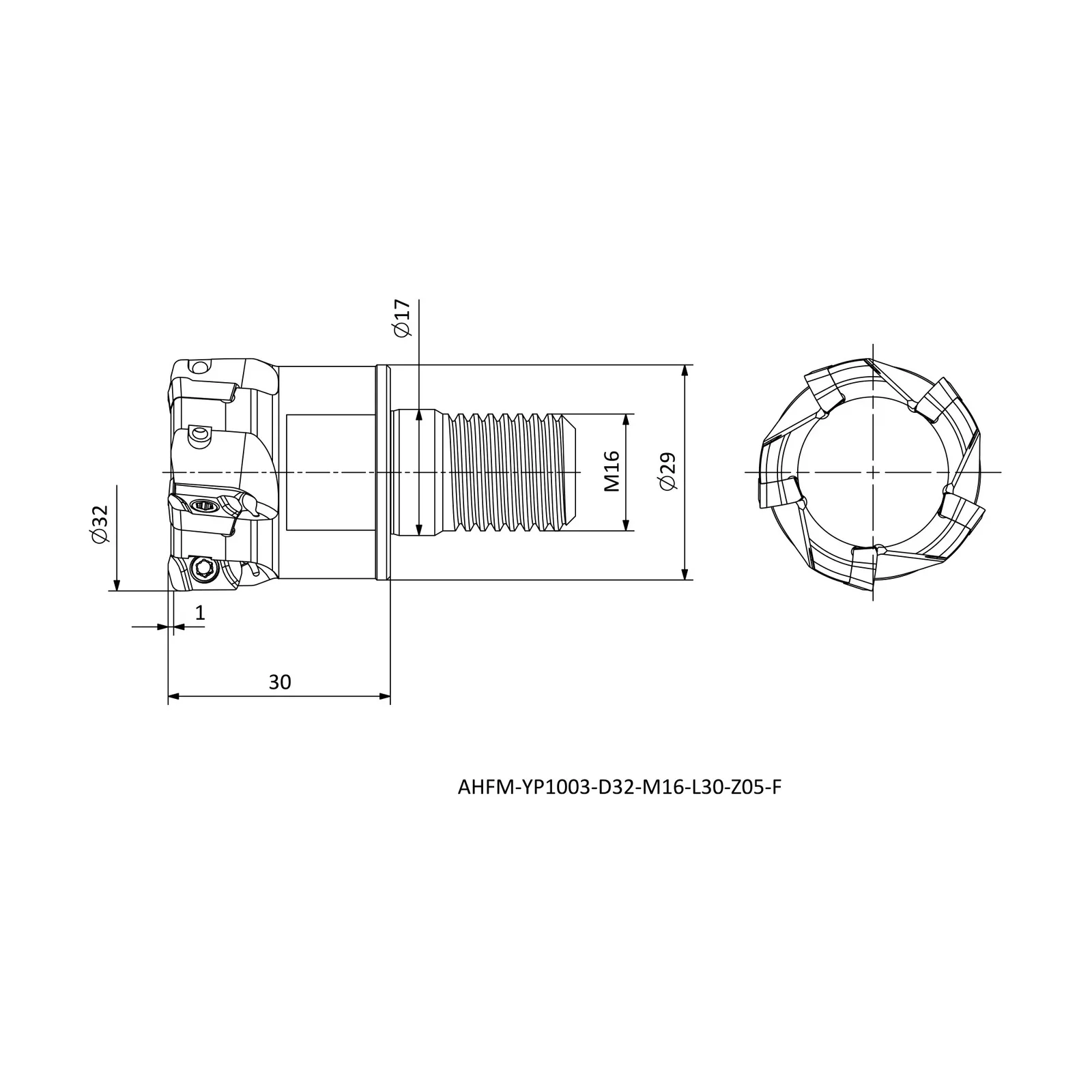 AHFM-YP1003-D32-M16-L30-Z05-F &mdash; dimensioned drawing