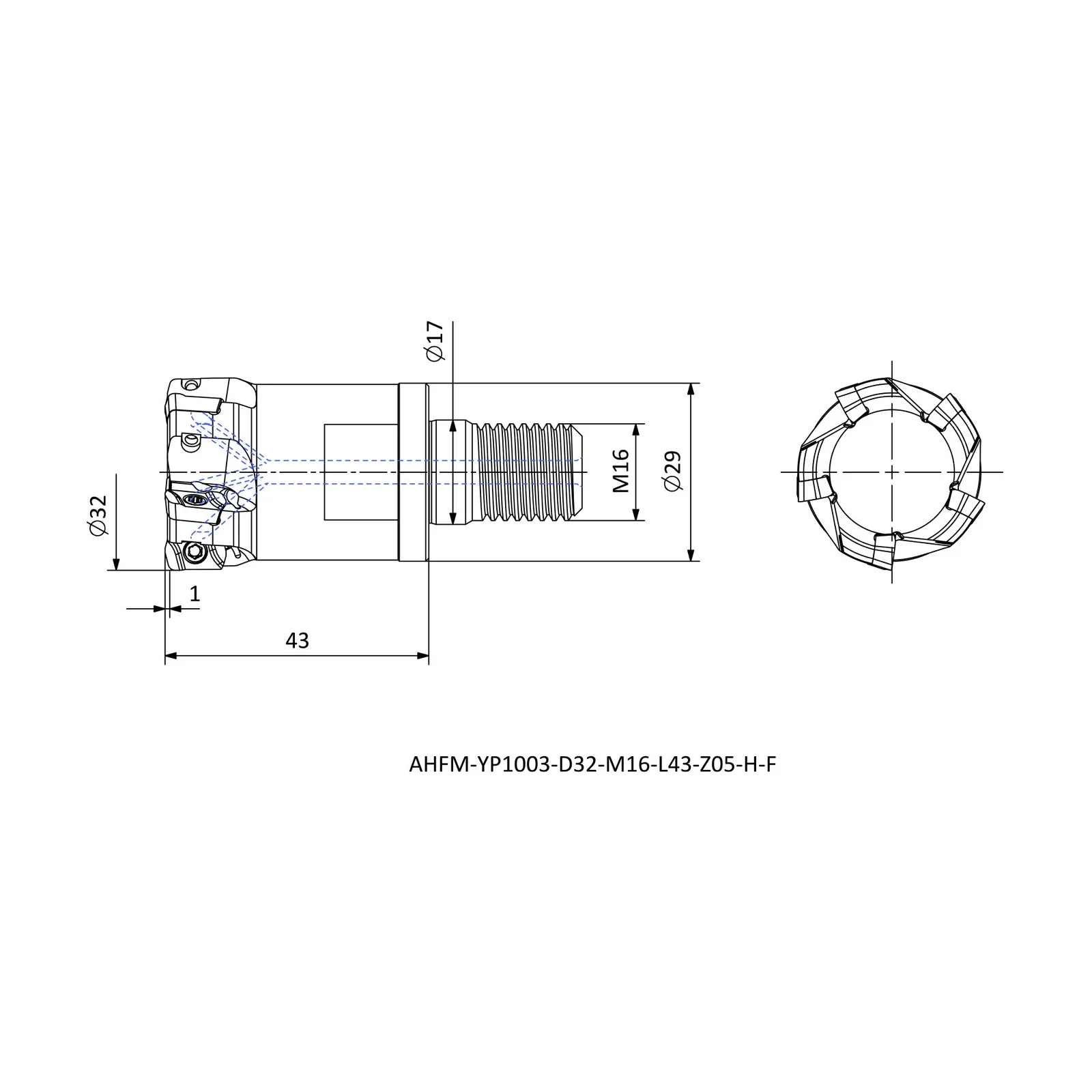 AHFM-YP1003-D32-M16-L43-Z05-H-F &mdash; dimensioned drawing
