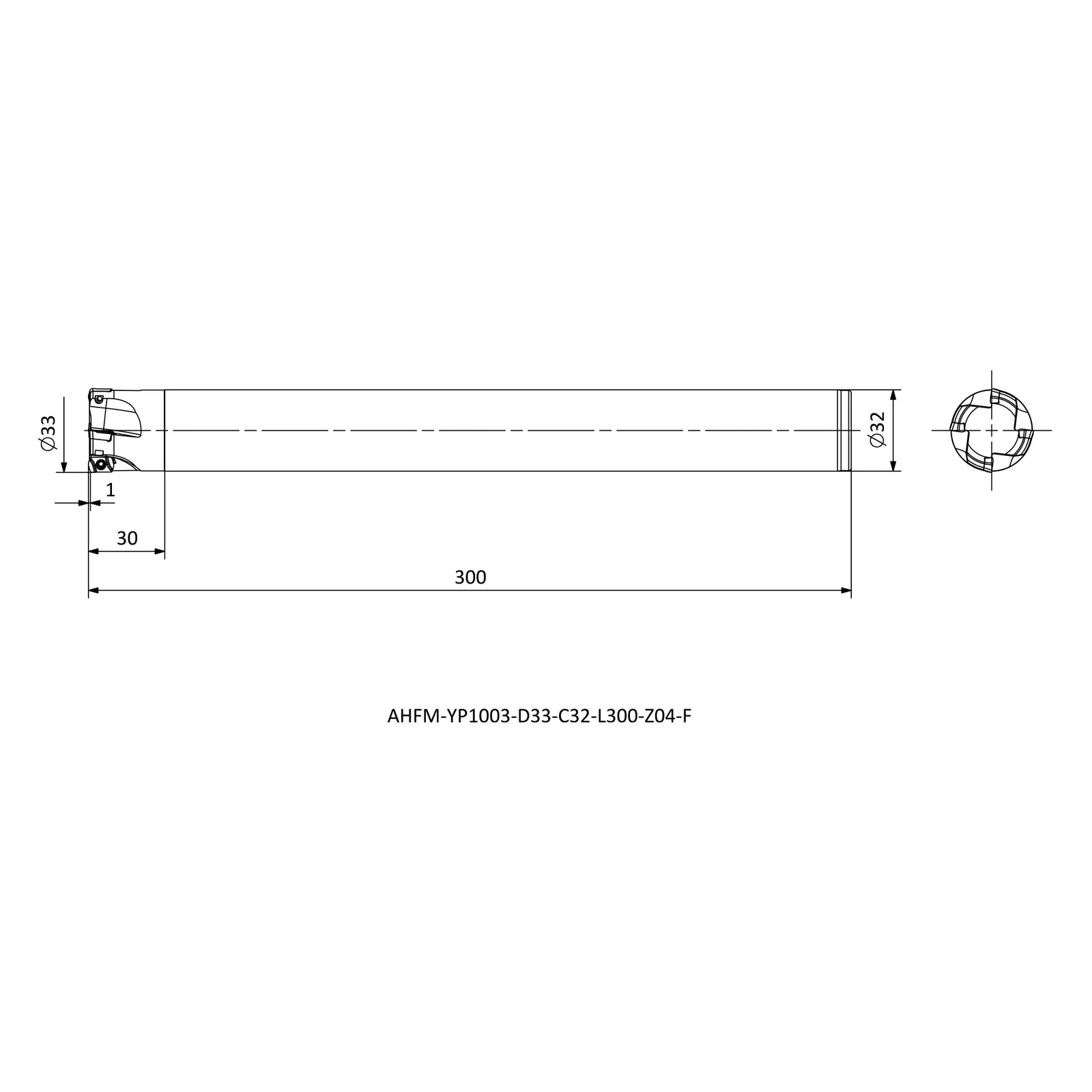 AHFM-YP1003-D33-C32-L300-Z04-F &mdash; dimensioned drawing