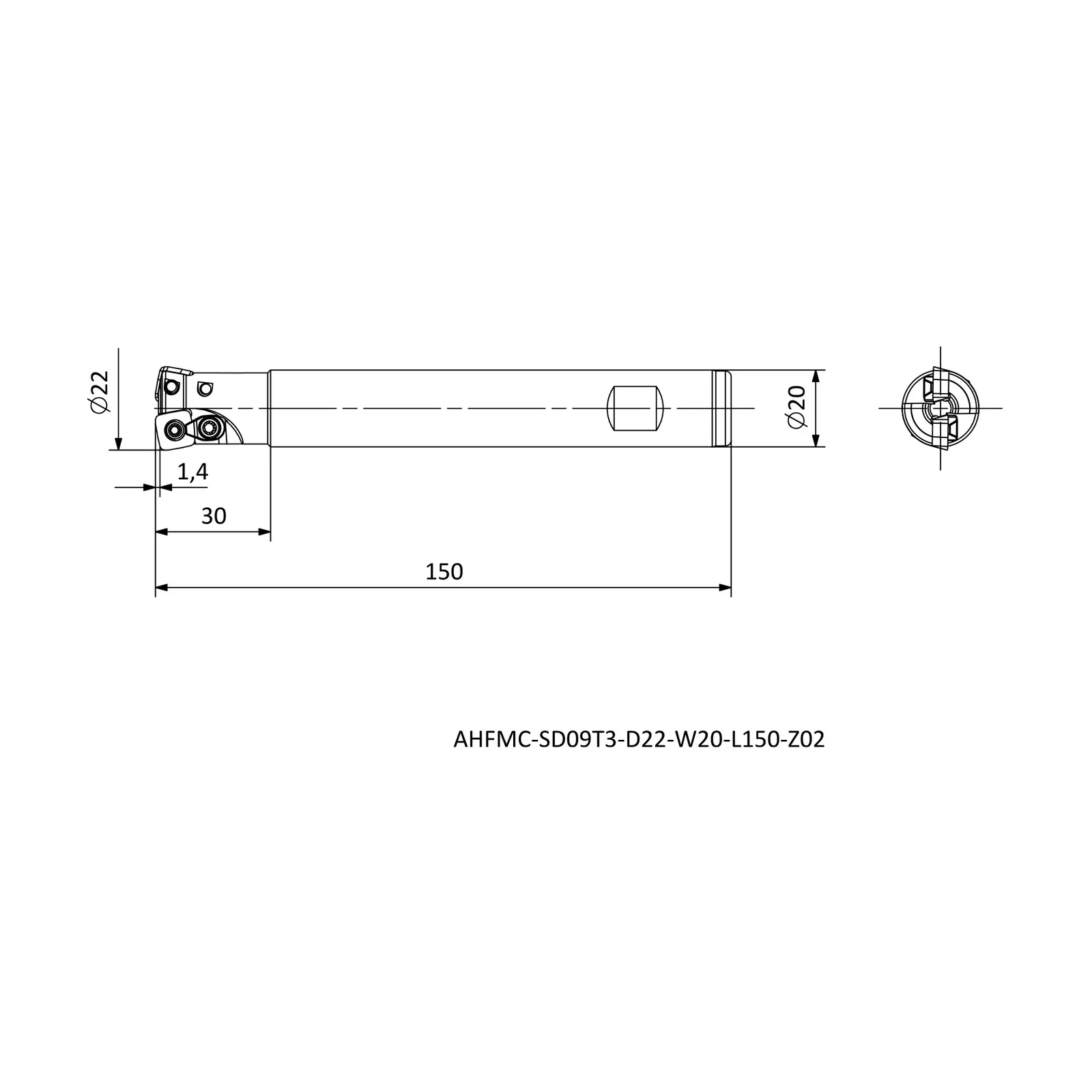 AHFMC-SD09T3-D22-W20-L150-Z02 &mdash; dimensioned drawing