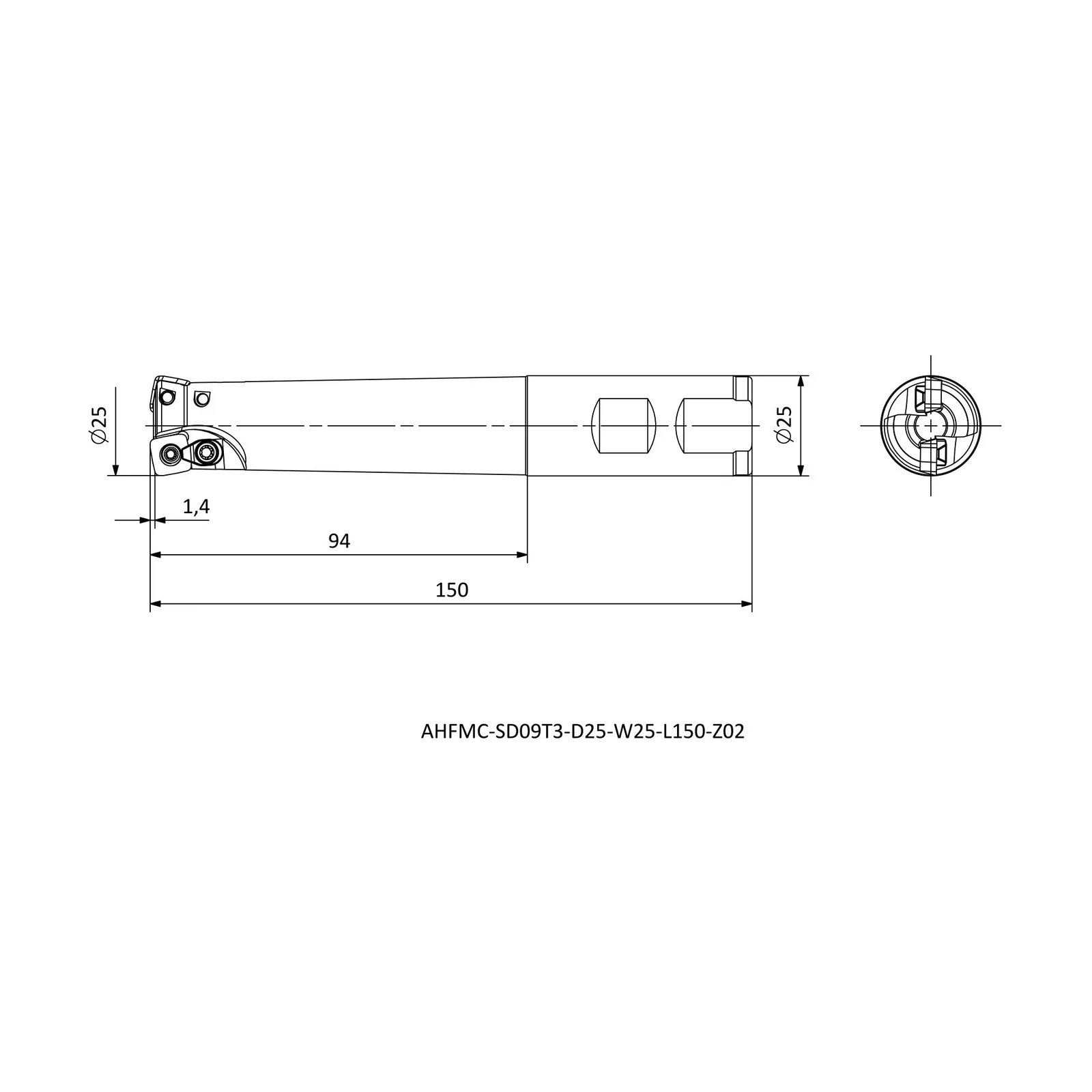 AHFMC-SD09T3-D25-W25-L150-Z02 &mdash; dimensioned drawing