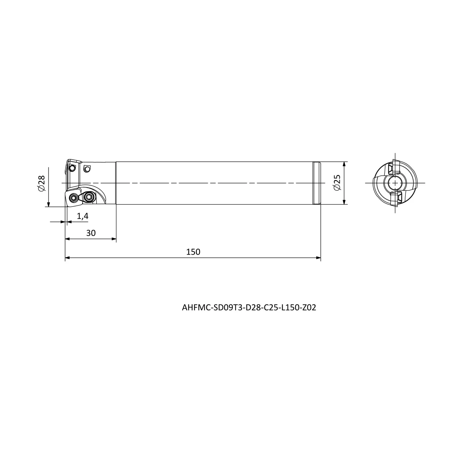 AHFMC-SD09T3-D28-C25-L150-Z02 &mdash; dimensioned drawing